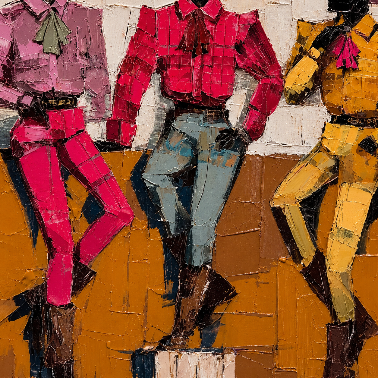 Hand-Painted Cowboy Group Canvas Art In Vintage Pink Yellow Blue Tones For Western Home Decor
