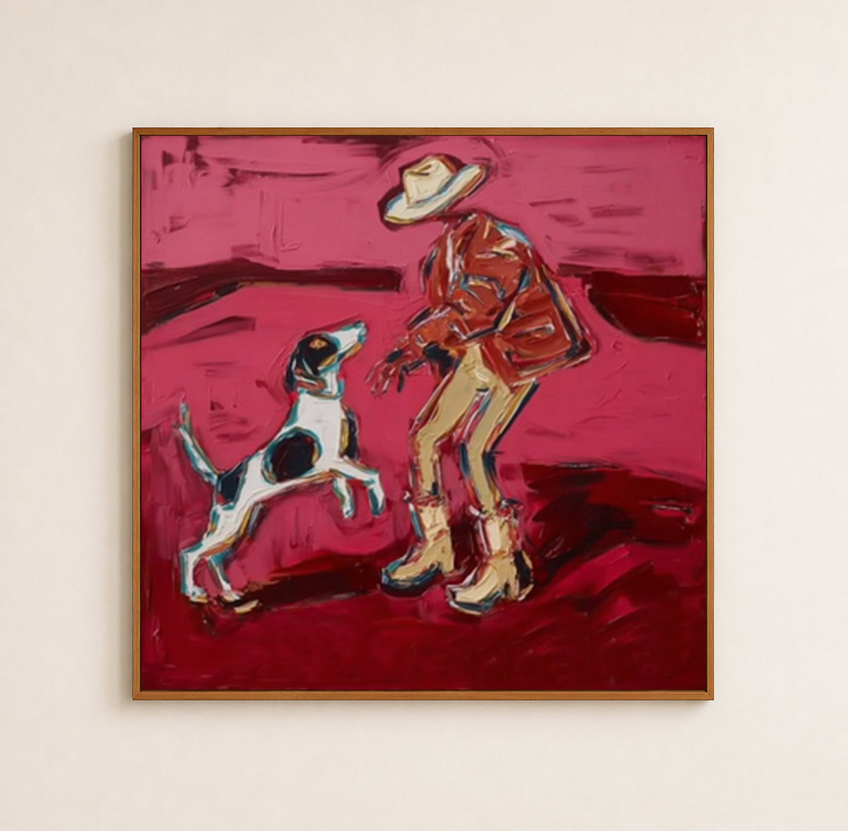 Cowboy And Dog Figurative Canvas Painting In Red Tones For Modern Western Decor