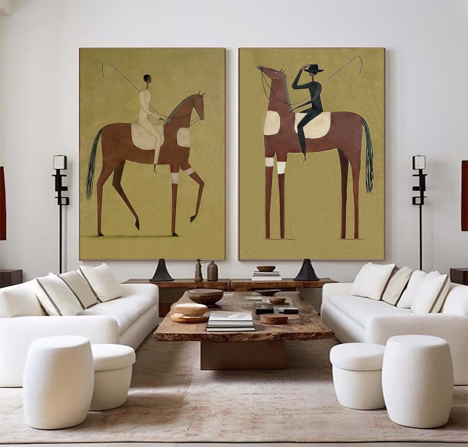 Set of 2 Equestrian Art Decor Minimalist Horse and Man Painting