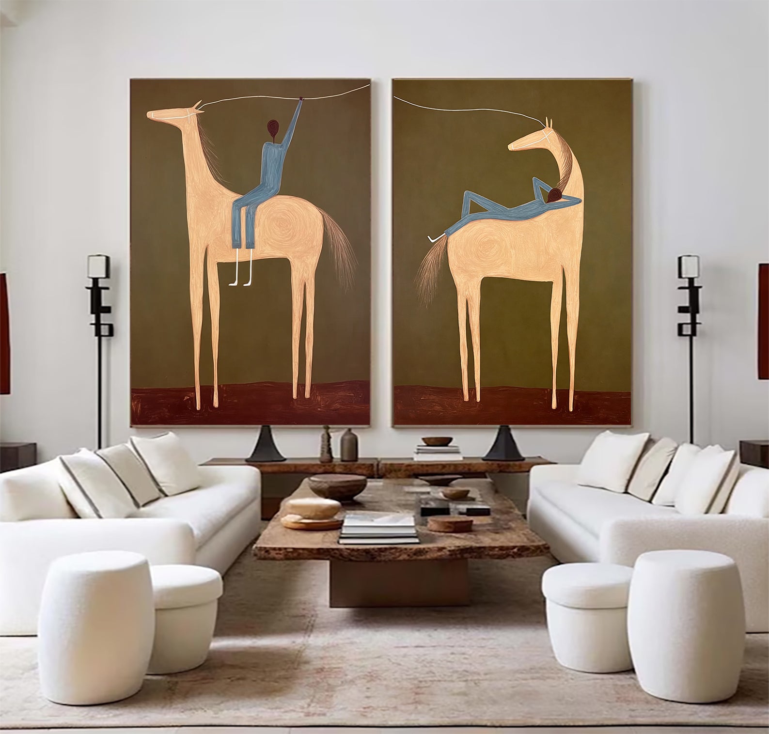 Set of 2 Equestrian Art Decor Earth Tone Minimalist Horse and Man Painting