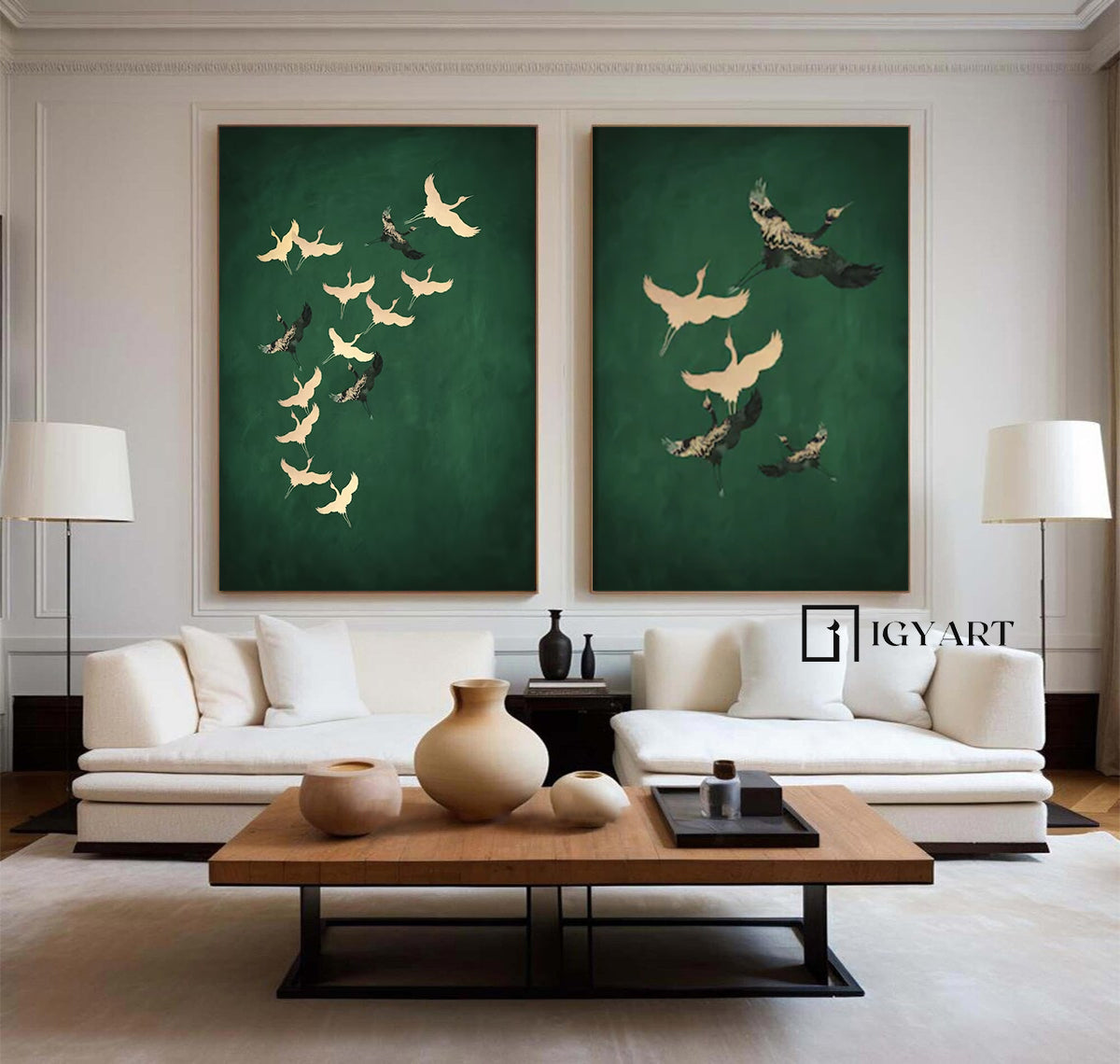 Set of 2 green art painting White crane painting, bird painting
