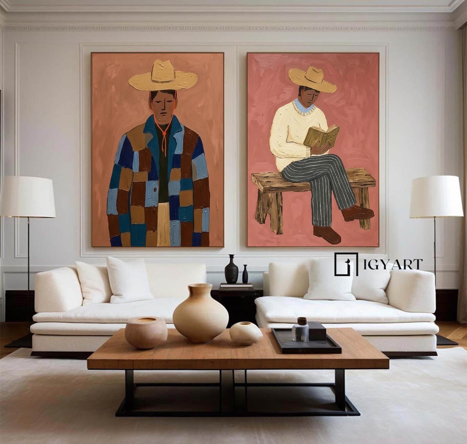 Hand-Painted Folk Modernist Oil Painting - Retro Male Portrait Set - Mid-Century Rustic Wall Decor