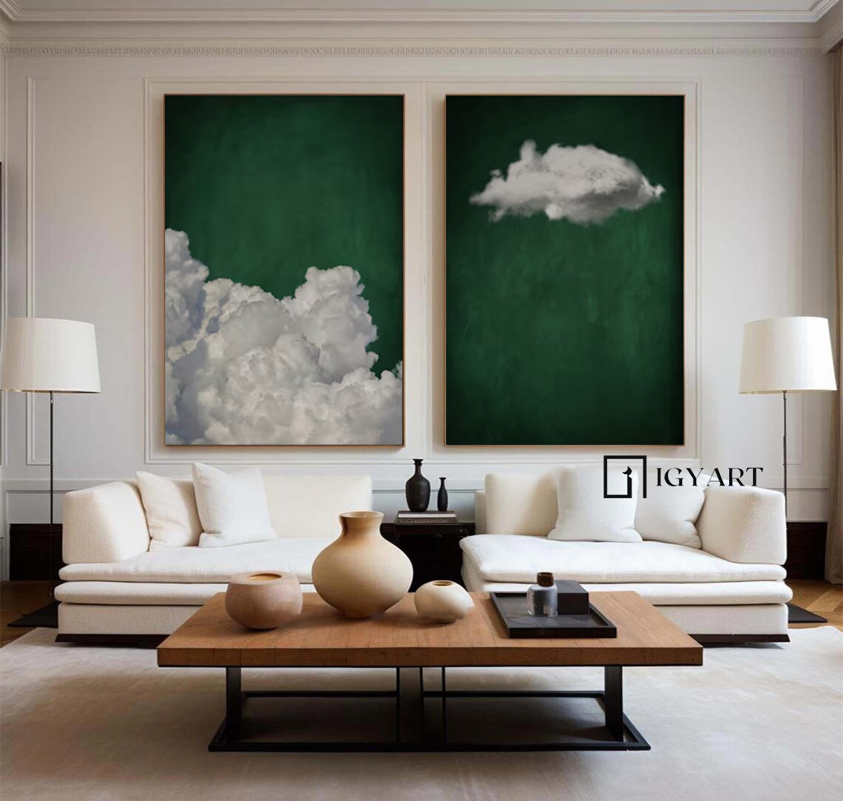 Set of 2 green art white cloud sky painting green abstract painting