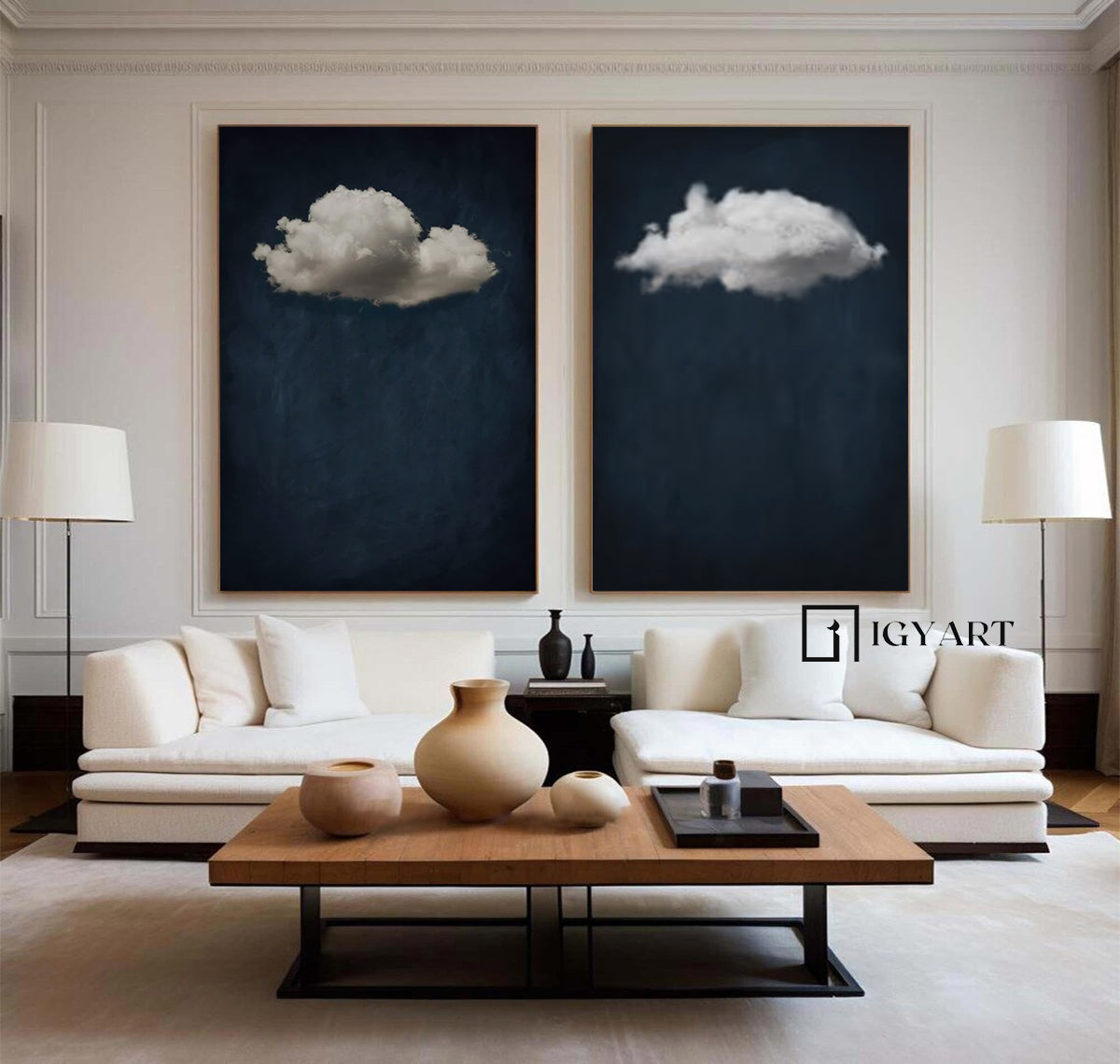 Set of 2 Blue painting white cloud sky painting Blue abstract painting