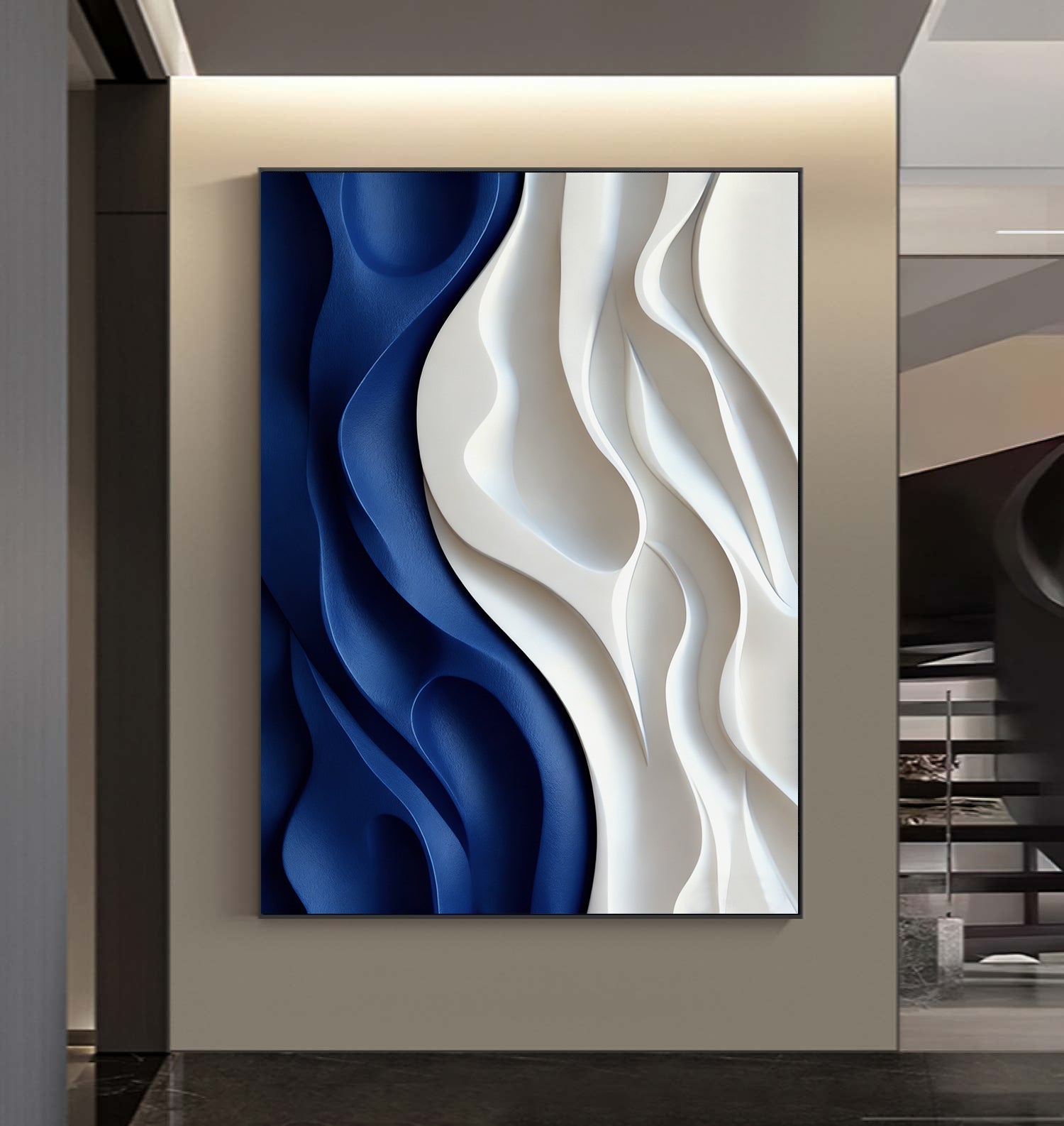Blue 3D Textured Wall art Blue Sculptured art Painting Wood carving wall art