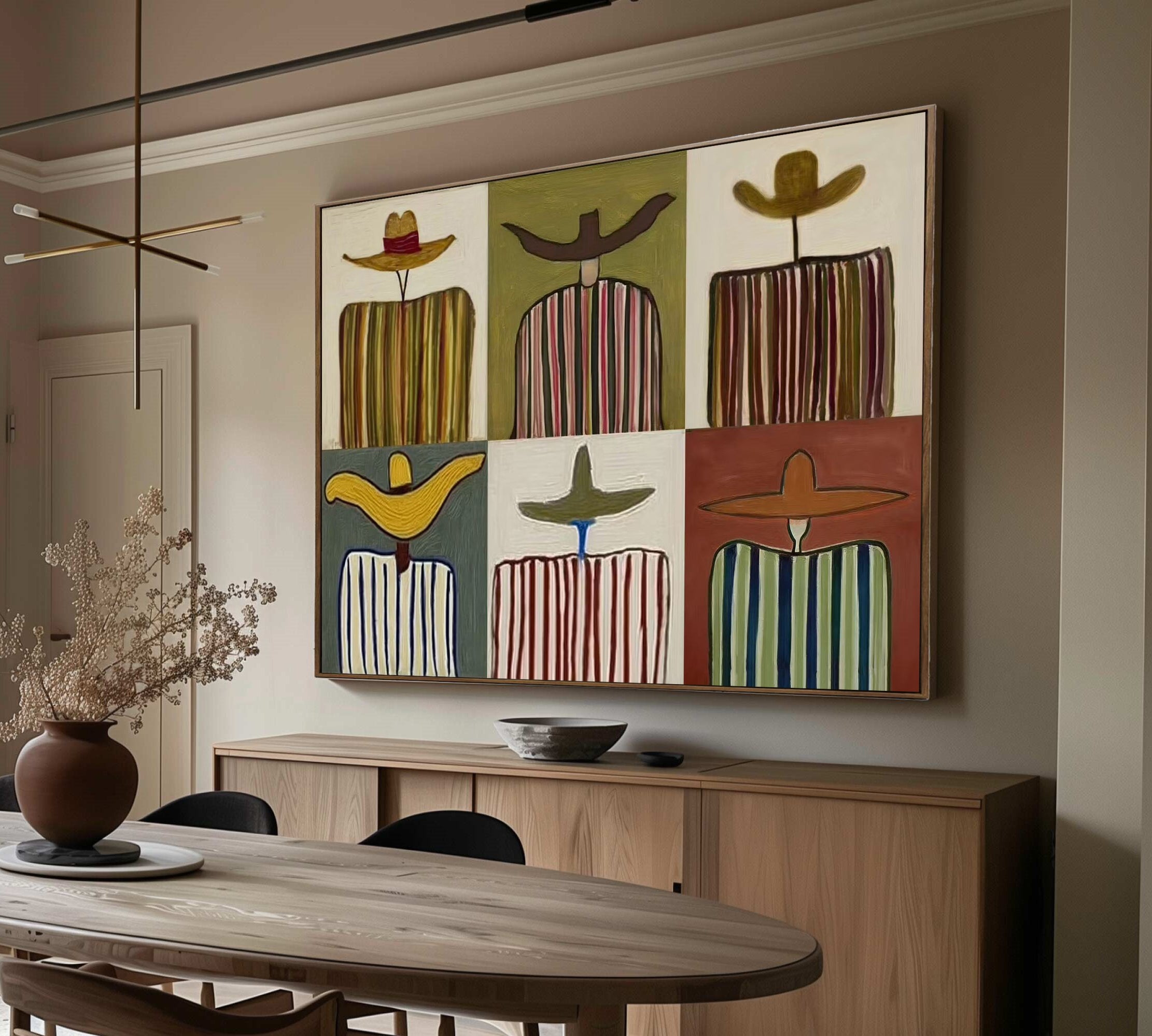 Modern Abstract Grid Oil Painting - Multi-Panel Style Hand-Painted Figures in Hats