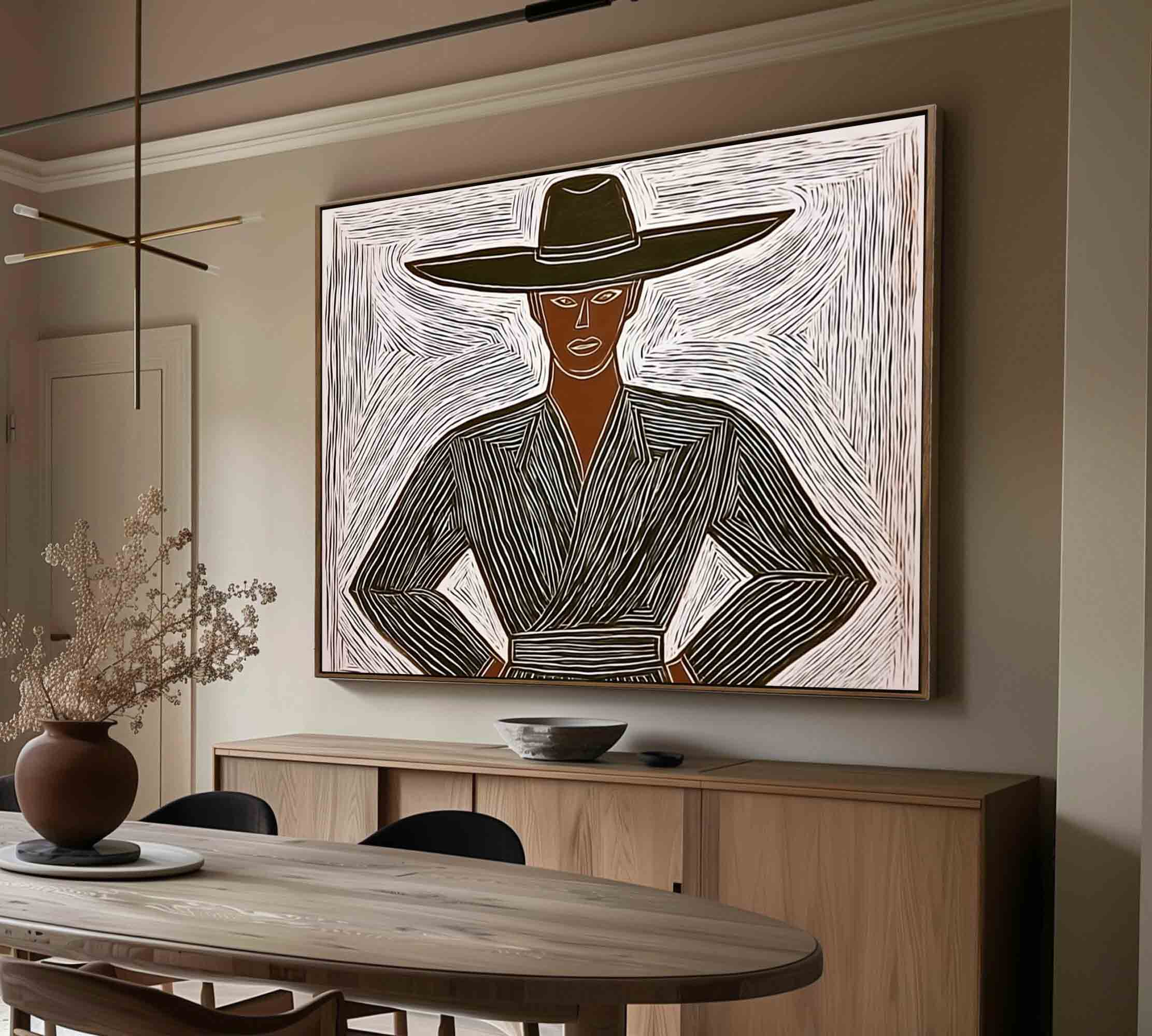 Abstract cowboy wall art Large Minimalist character abstract painting