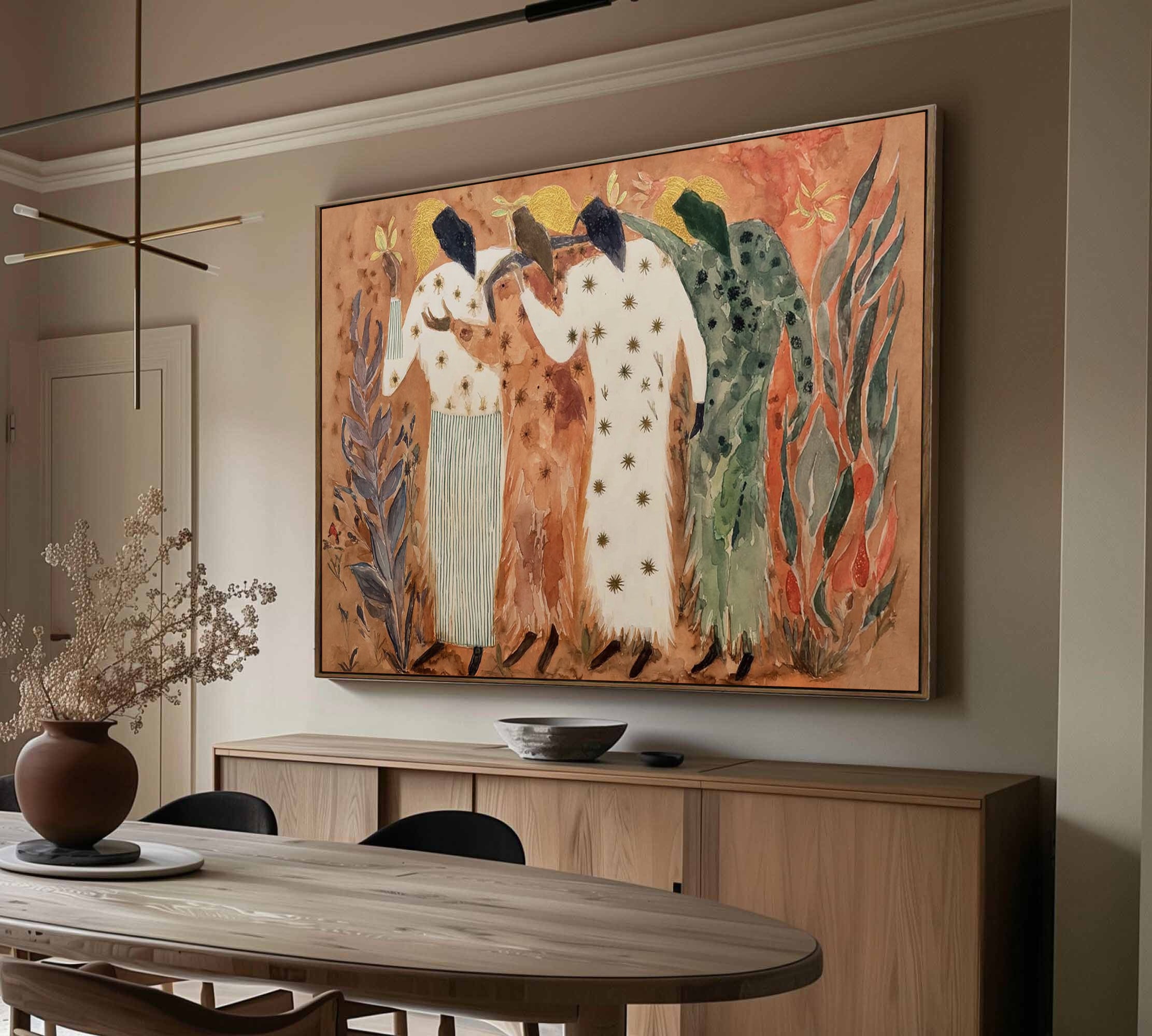 Modern style watercolor art Primitive style figure art Folk art figurative painting