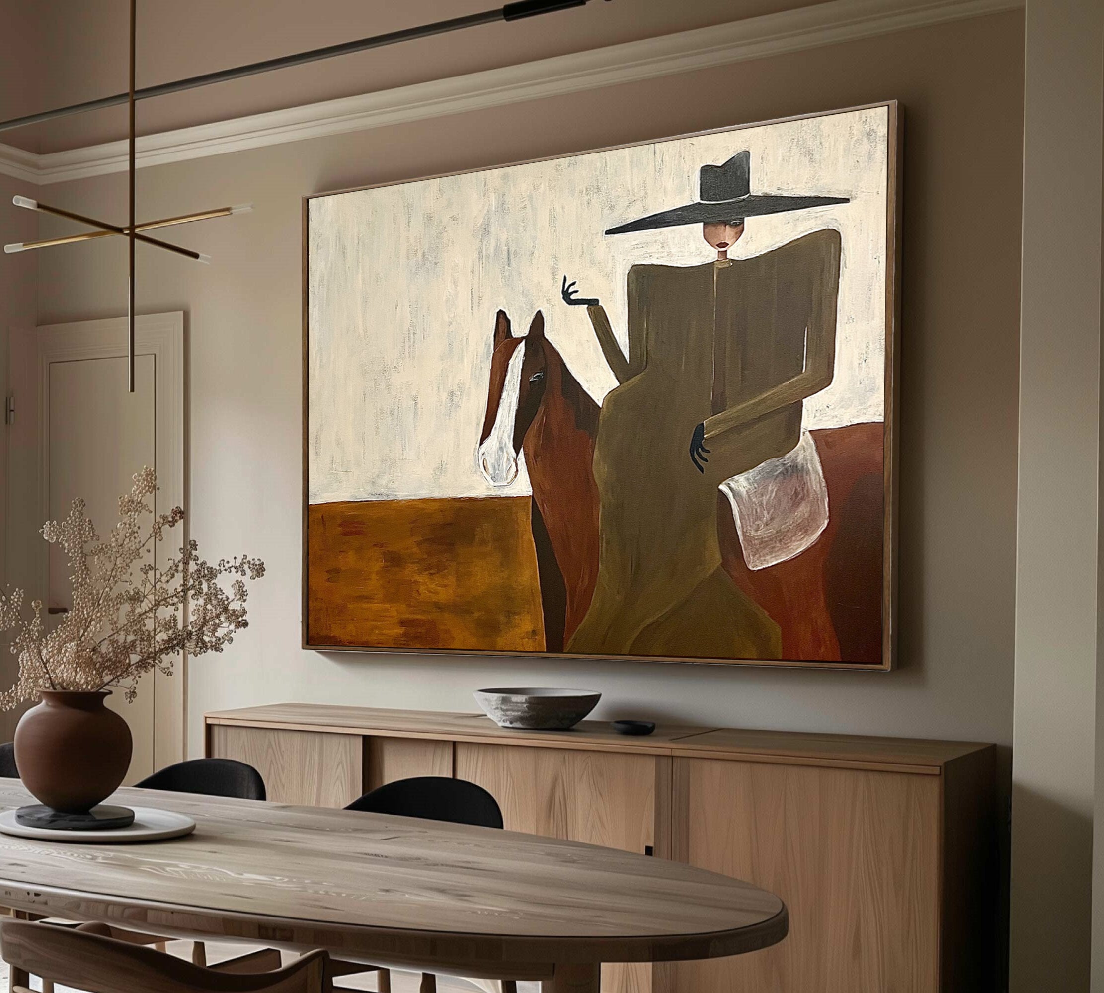 Modern Woman and Horse Painting Mid-century Modern Woman Painting