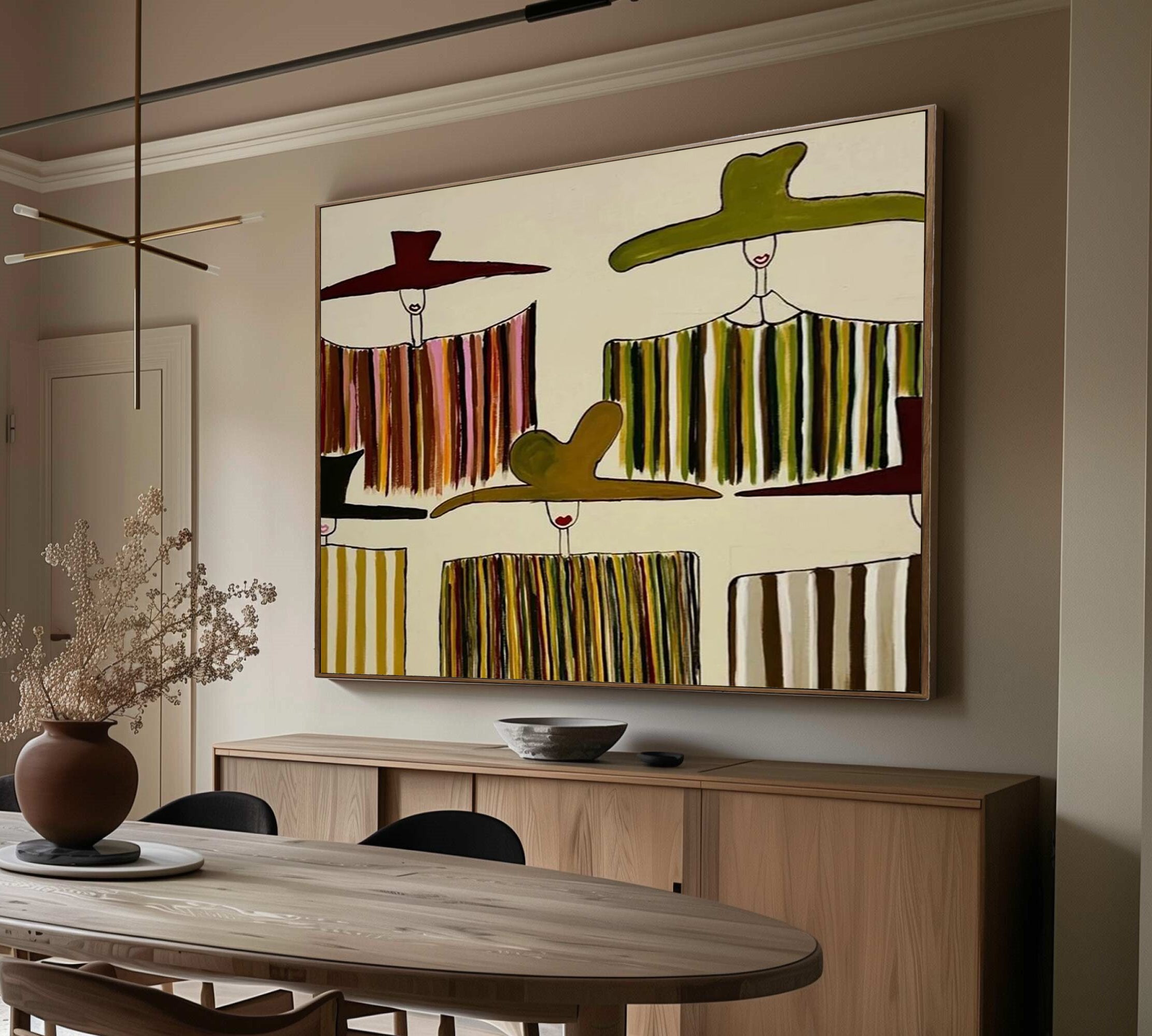 Hand-painted textured women in hats painting Minimalist olive green abstract figurative art