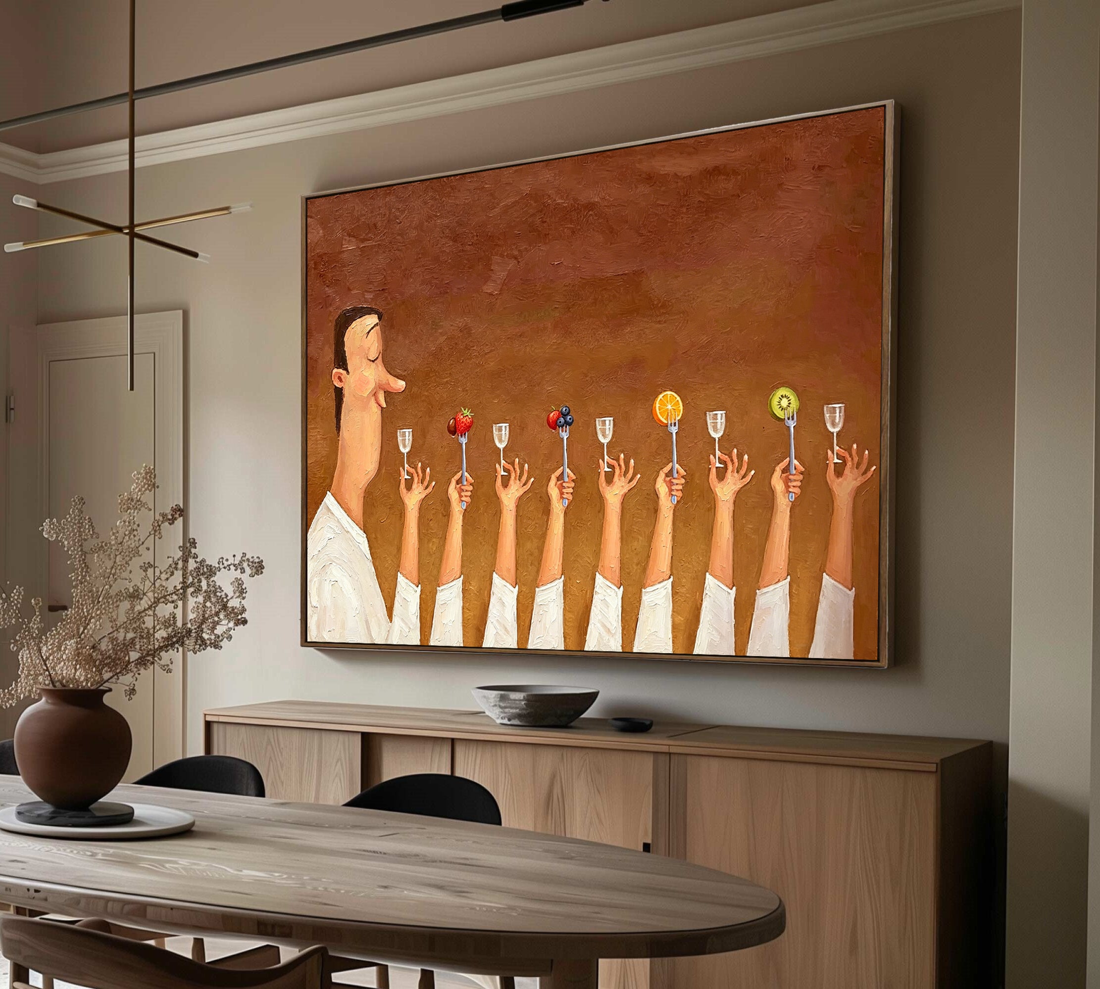 Humorous Kitchen Wall Art, Hand Painted Oil Painting, Large Wall Decor for Foodie Gift.