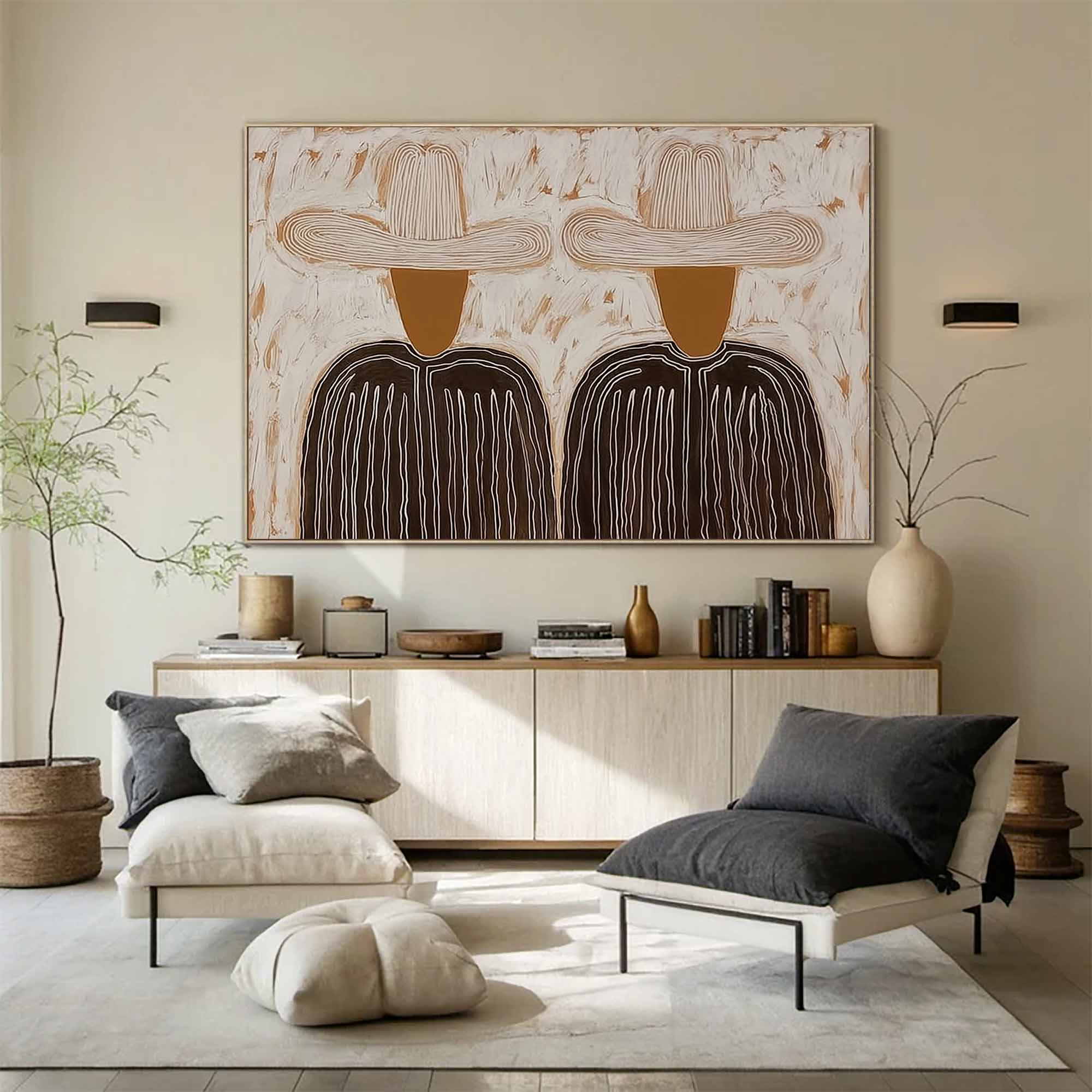 Minimalist character abstract art two cowboys with hats canvas painting