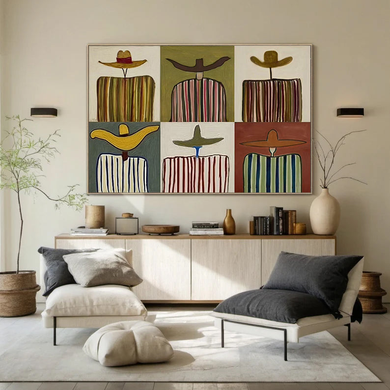 Modern Abstract Grid Oil Painting - Multi-Panel Style Hand-Painted Figures in Hats