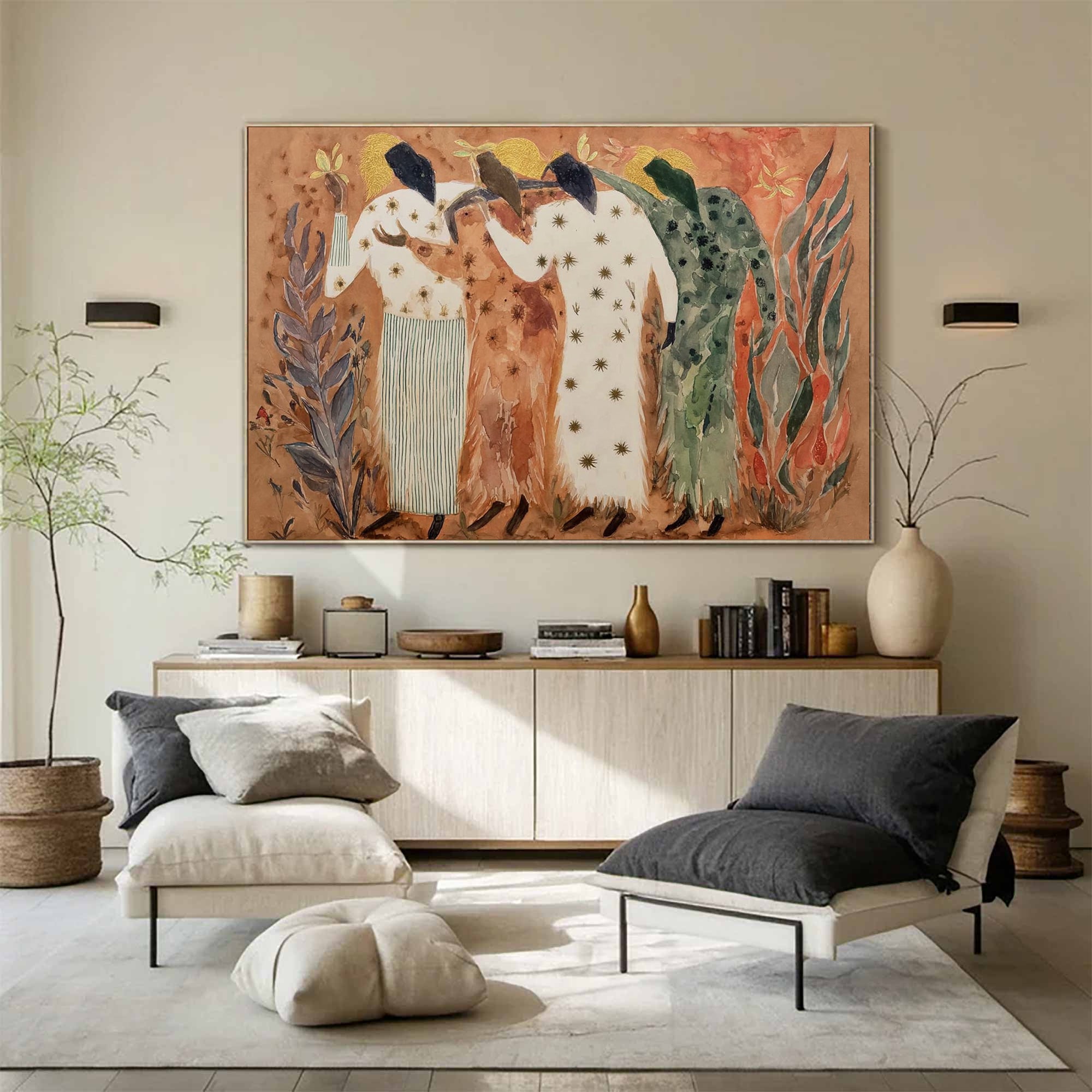 Modern style watercolor art Primitive style figure art Folk art figurative painting