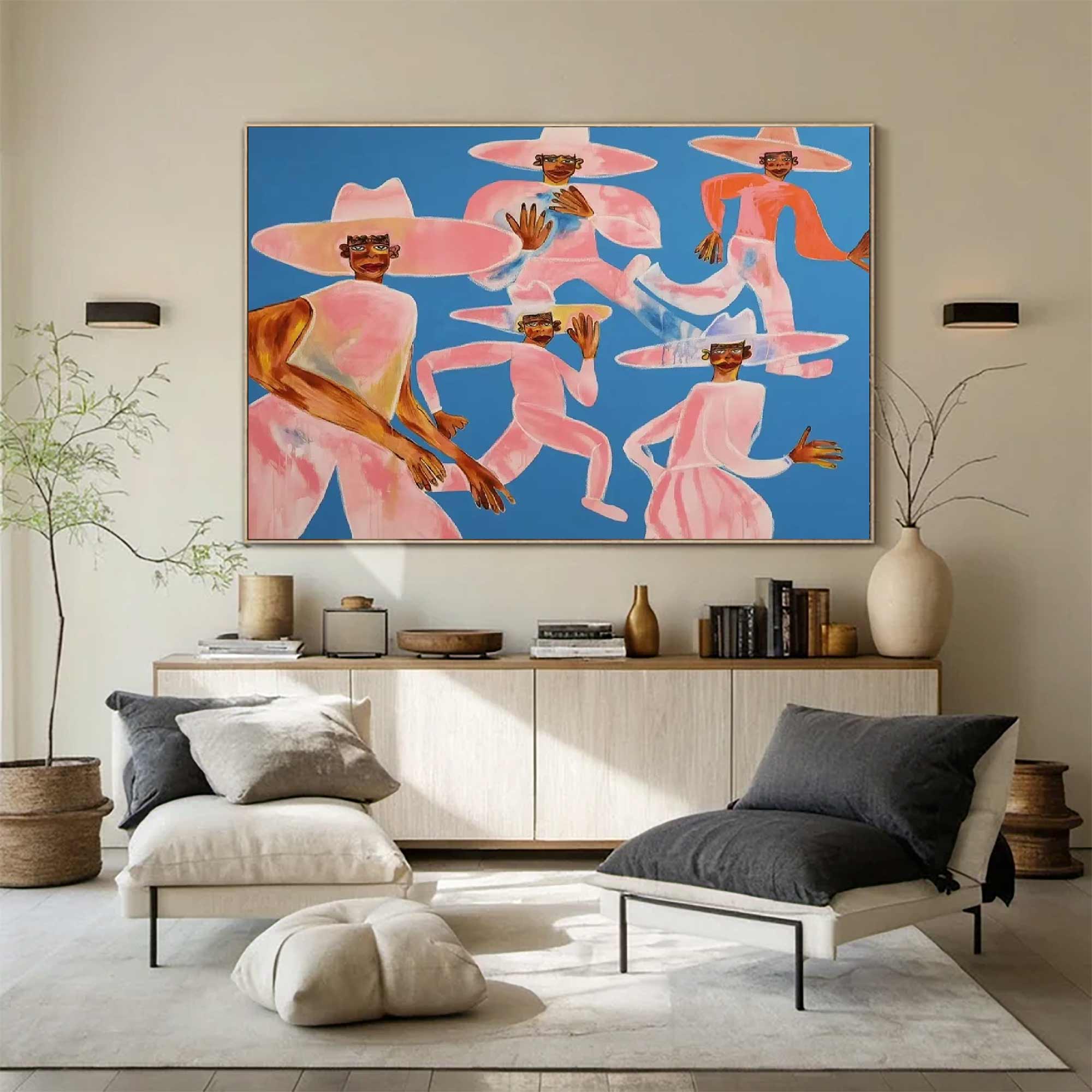 Vibrant contemporary figure art Abstract colorful hat people painting