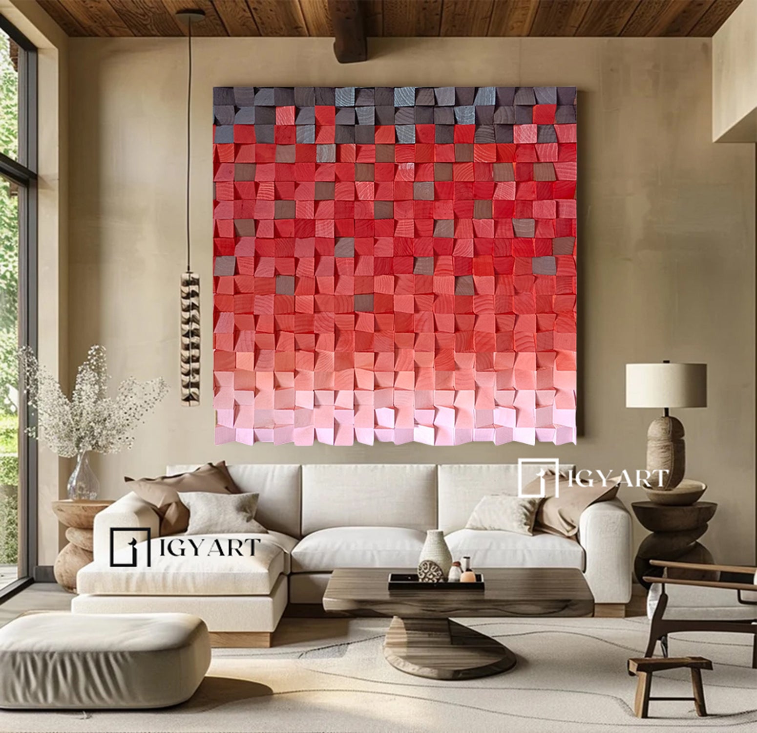Wood wall Decor Red Wood Block Art Geometric Wood Art Sculptured art