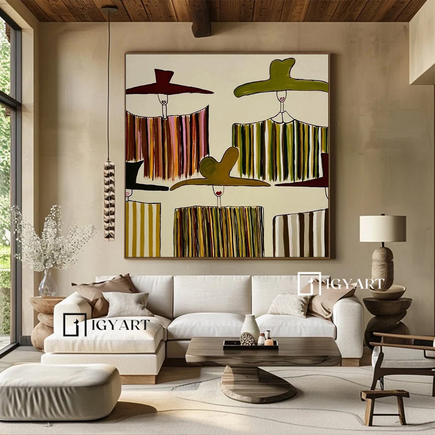 Olive Green figure Abstract Painting Mid-Century Modern Farmhouse wall decor for dining room