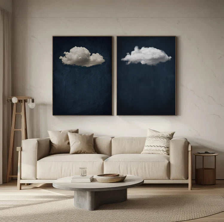 Set of 2 Blue painting white cloud sky painting Blue abstract painting