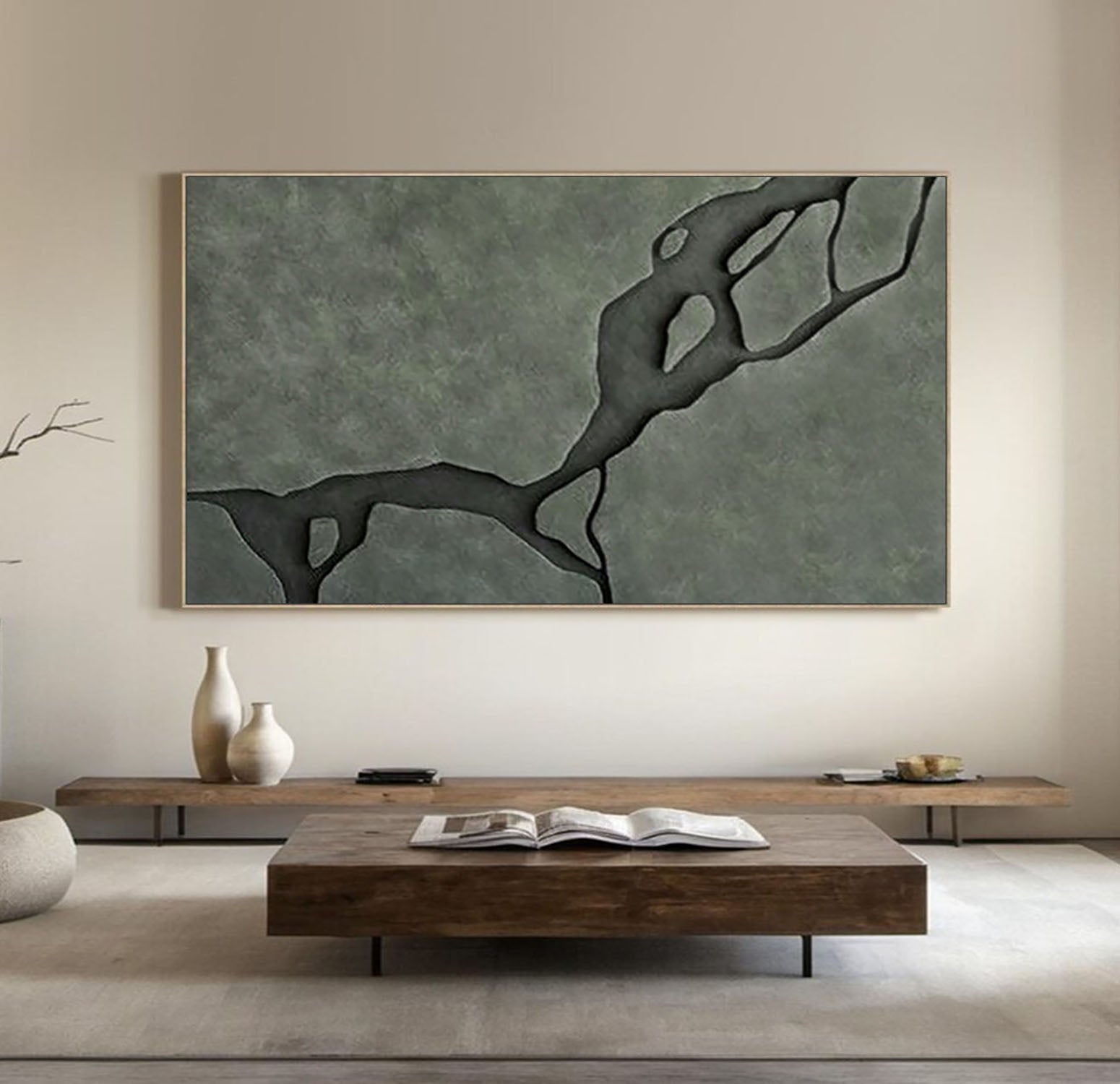 Modern Wood Carving Dark Green 3D Wood Wall Painting Abstract River Sculpture Art