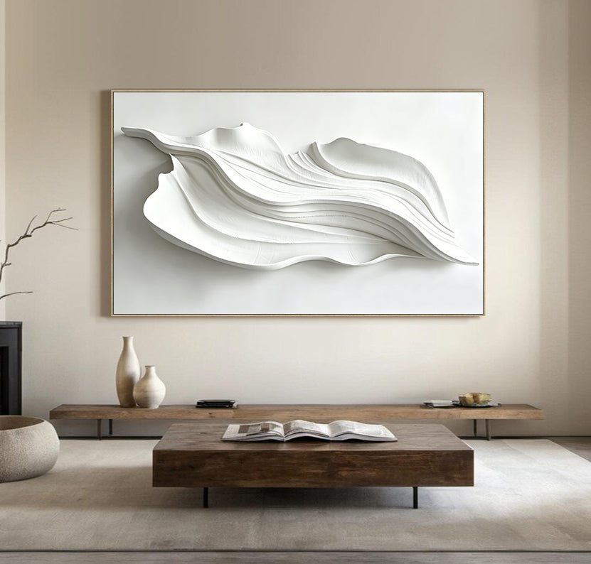 Large White 3D Abstract Wood Wall Art – Organic Flowing Carved Panel – Contemporary Japandi Style