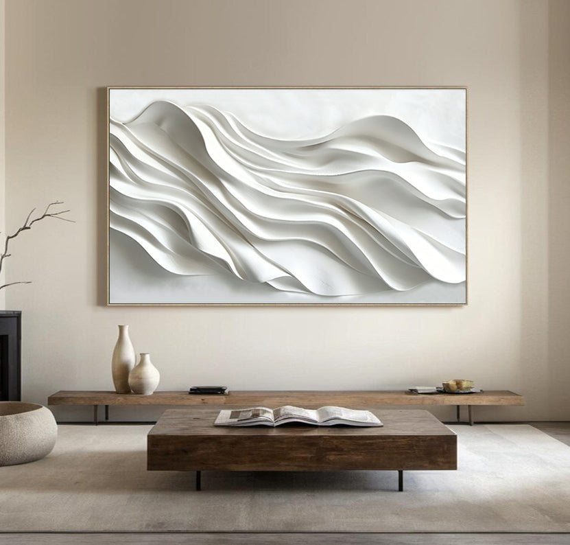 Large 3D Wave Wood Carving Wall Art Hand-Sculpted White Abstract Panel for Living Room Decor