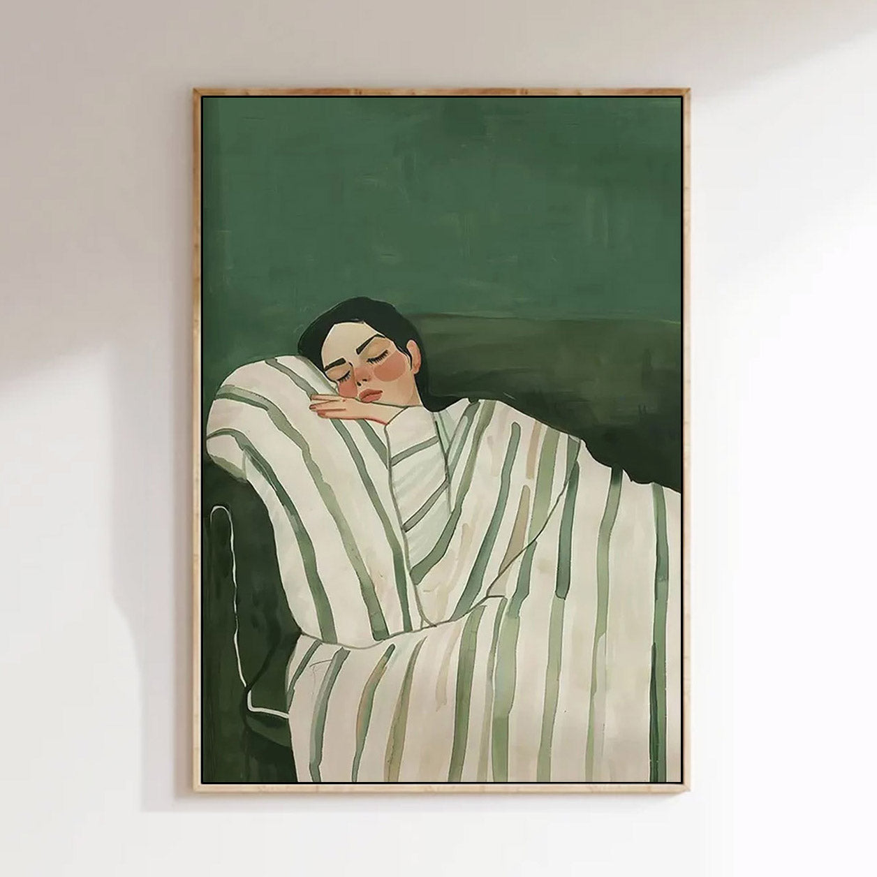 Mid-century Modern Sleeping Girl Oil Painting, Minimalist Green Wall Art