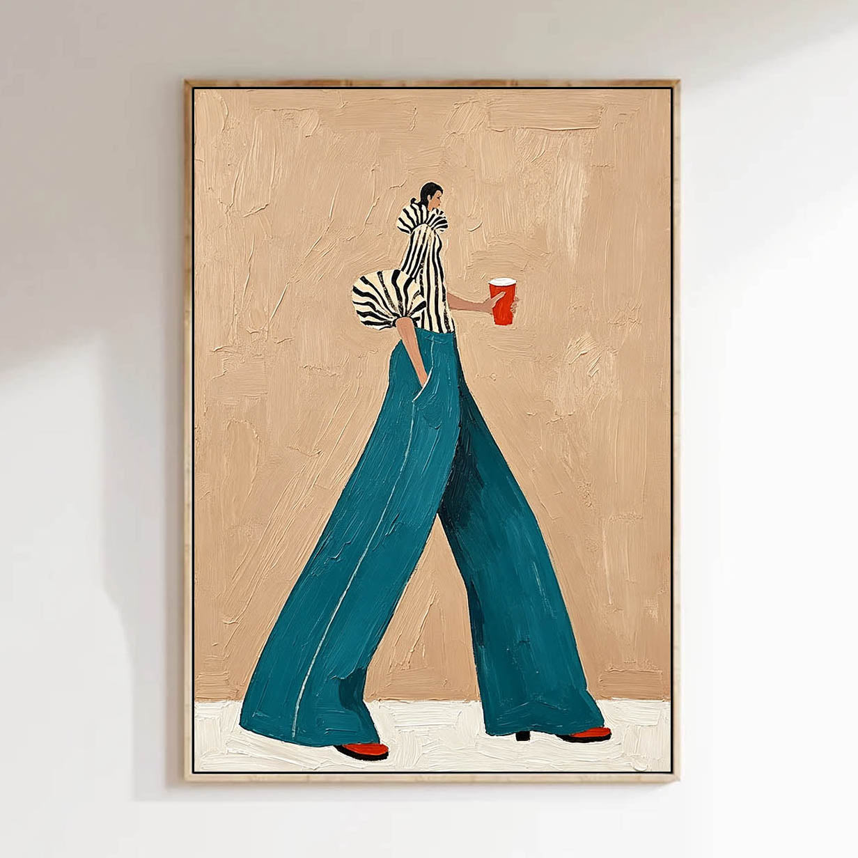 Modern Fashion Wall Art–Woman in Striped Top & Teal Pants Canvas Painting–Stylish Canvas Artwork