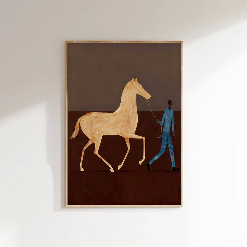 Contemporary Folk Style Horse and Rider Painting Equestrian Wall Art