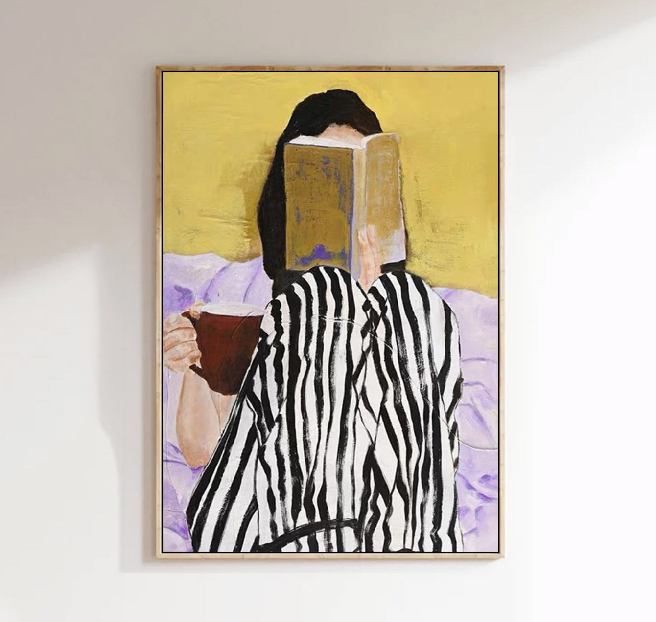 Modern Girl Reading Oil Painting, Black and White Striped Art, Yellow Wall Decor