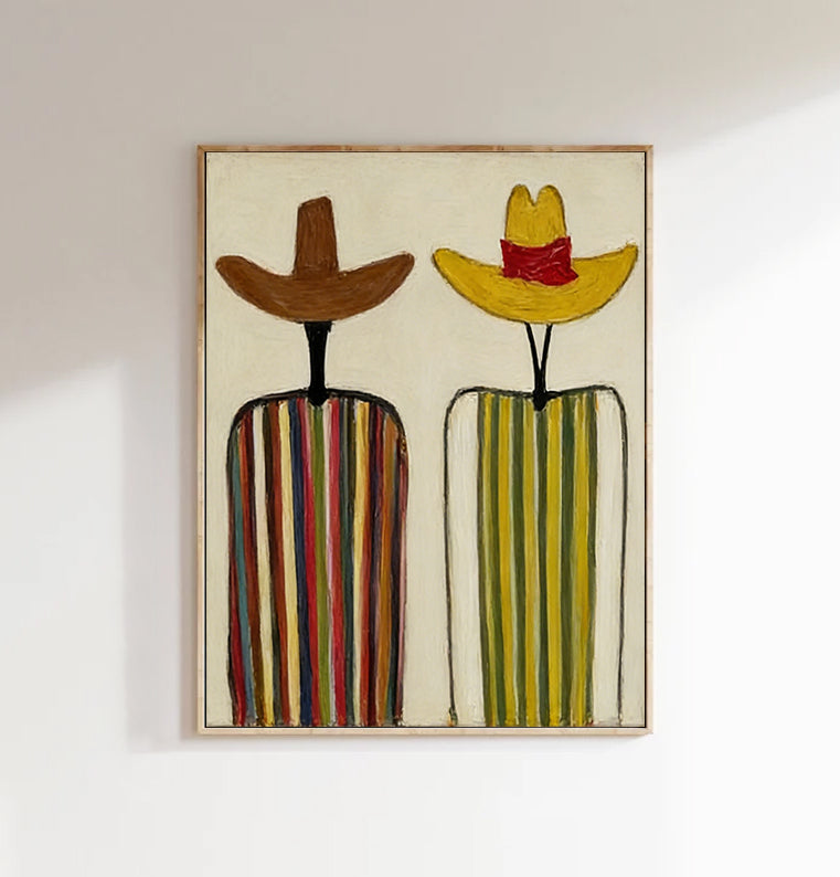 Modern Abstract Cowboy Oil Painting - Hand-Painted Minimalist Figures in Sombreros