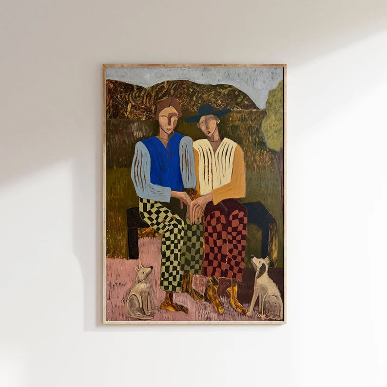 Abstract People and Dogs Art Modern Figurative Oil Painting Mid-century Modern Decor