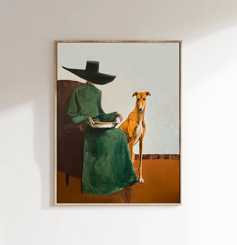 Vintage Fashion Painting Woman with Greyhound Painting Surrealist Figure Art