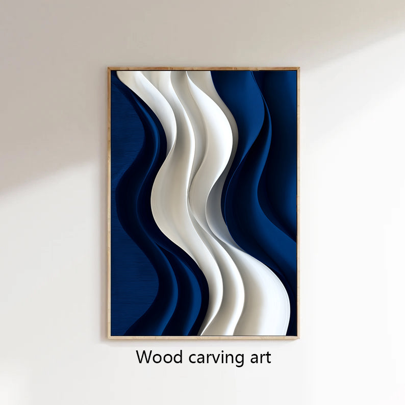 Blue 3D Textured Wall art Hand-Painted Wood Carving Wall Art Blue