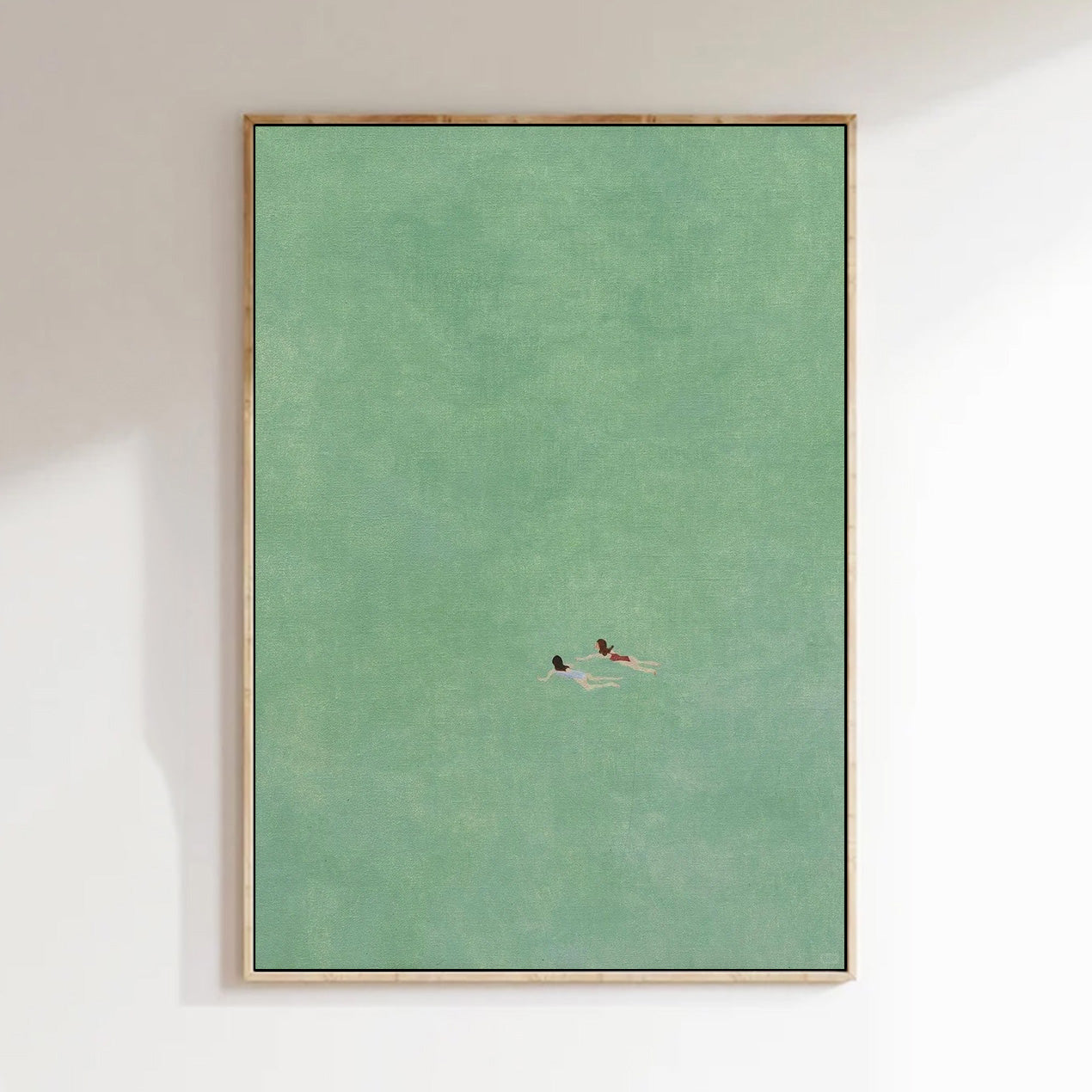 two girls swimming painting,Swimming Drawing Large green wall art, Green Minimalist Painting