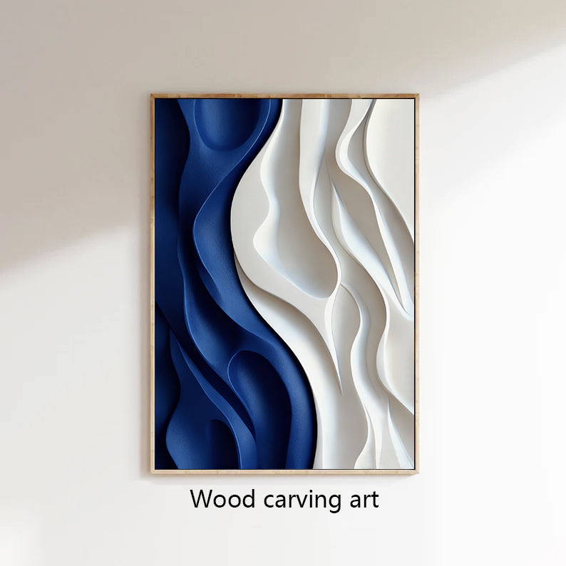Blue 3D Textured Wall art Blue Sculptured art Painting Wood carving wall art