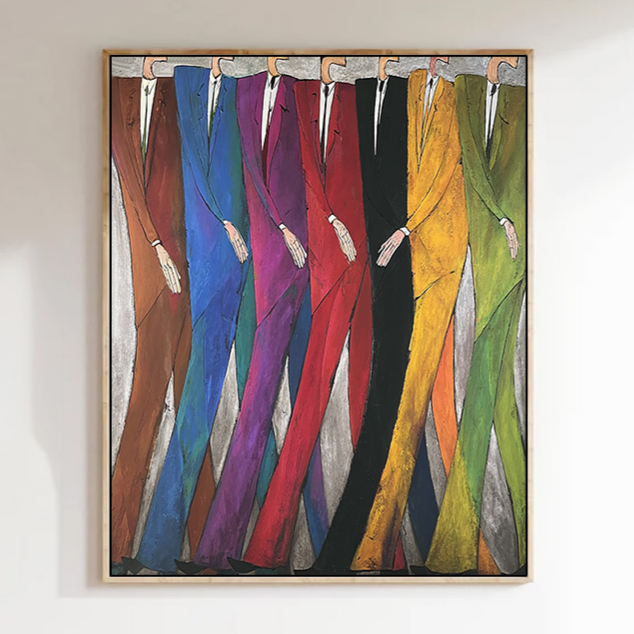 Modern Abstract Figures Painting - Mid-Century Hand-Painted Figures for Office Decor