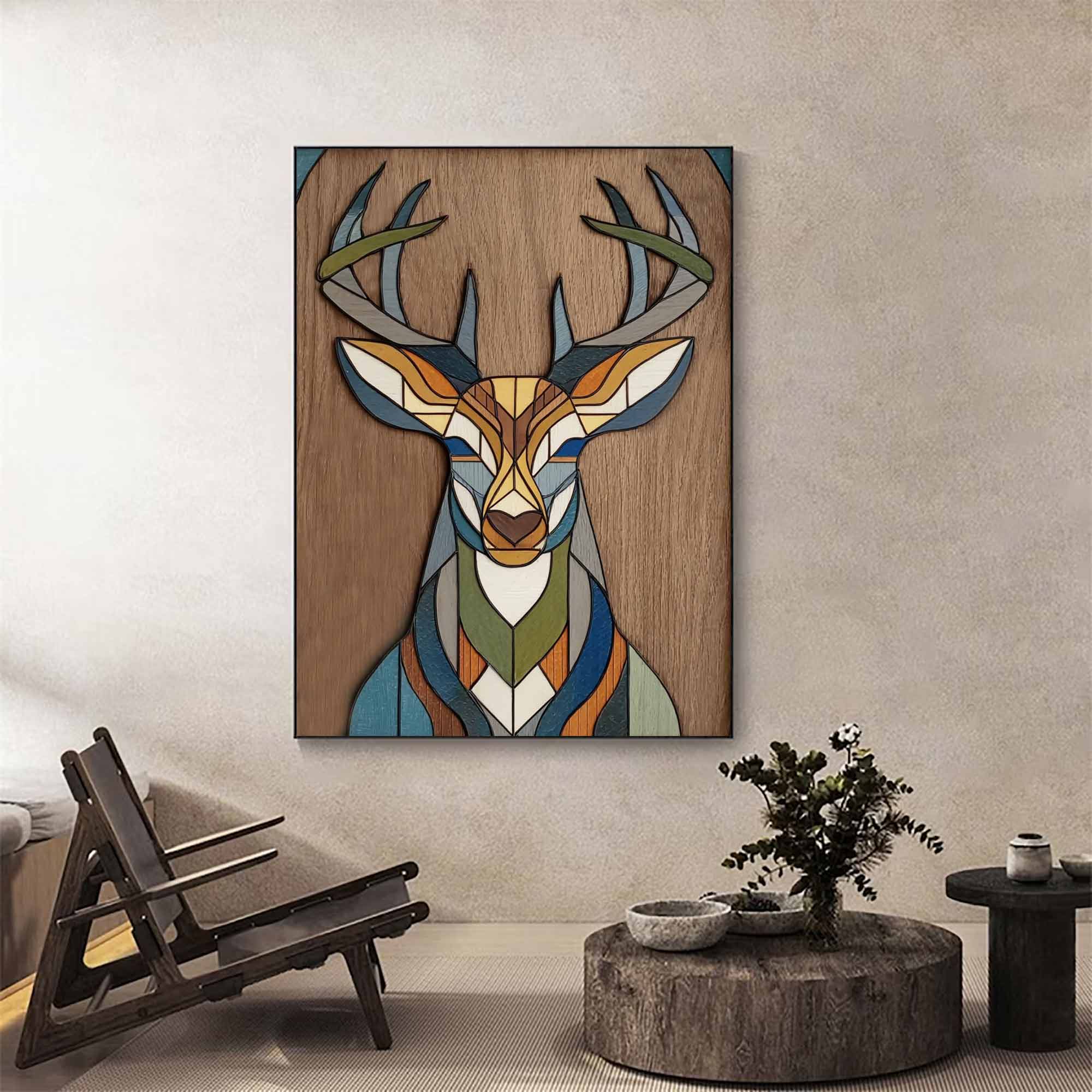 colorful Abstract wooden deer art Living room geometric deer decor