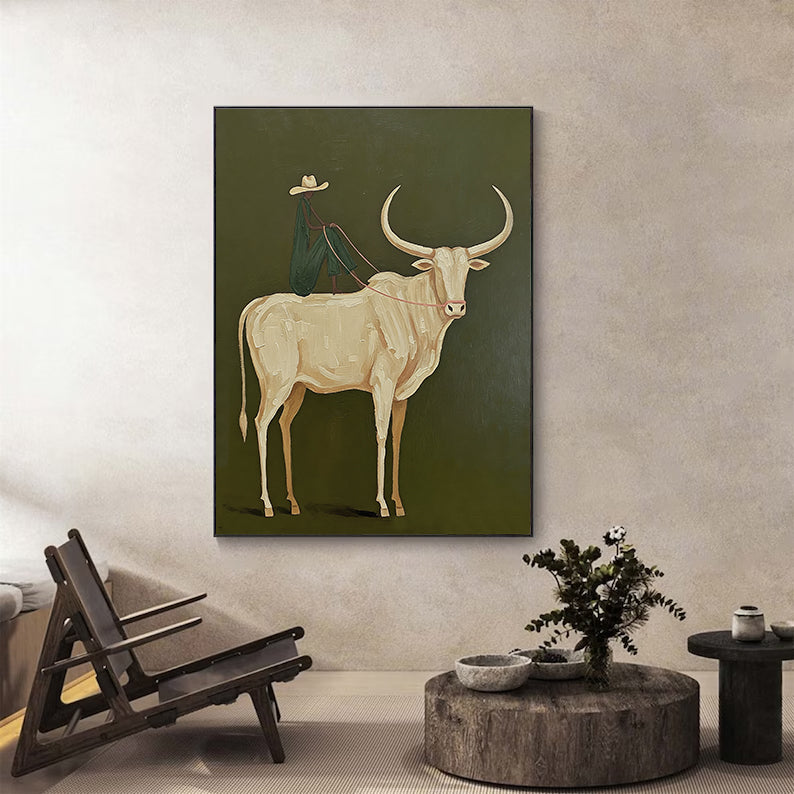 Abstract bull and Rider Wall Art - Minimalist Equestrian Painting
