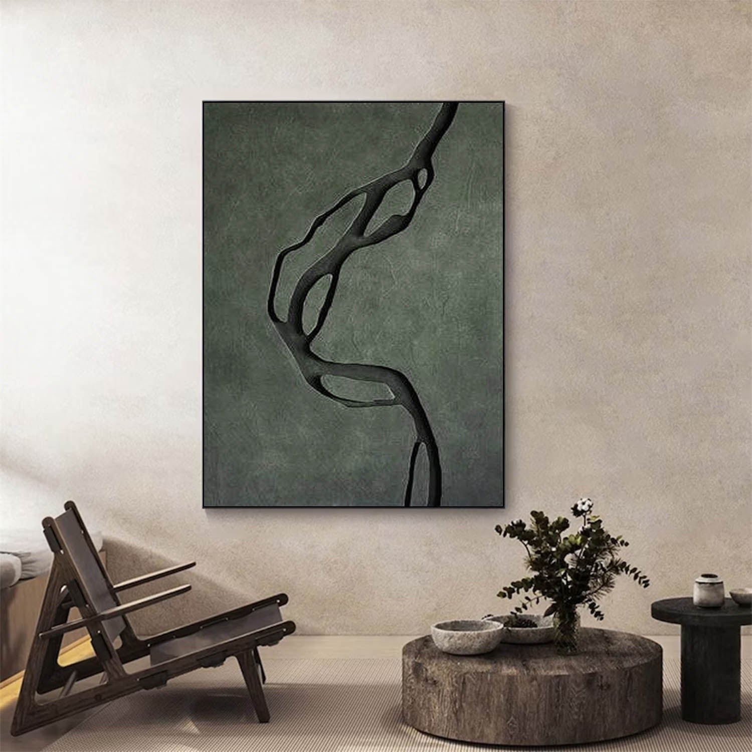 Modern Dark Green 3D Wood Wall Art Hand-Painted Textured 3D Wall Sculpture Decor