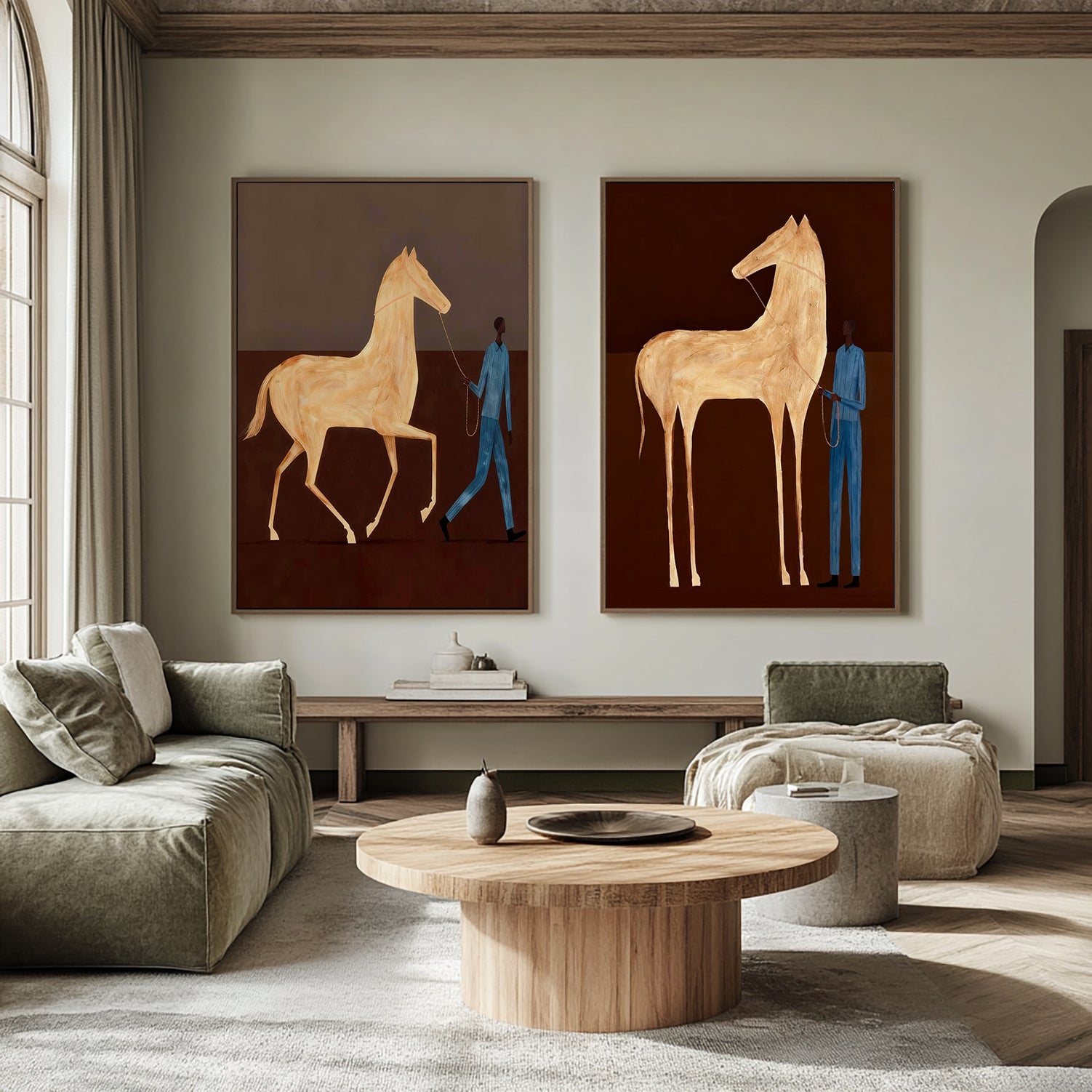 Set of 2 Earth Tone Decor Equestrian Wall Painting Man and Horse Painting