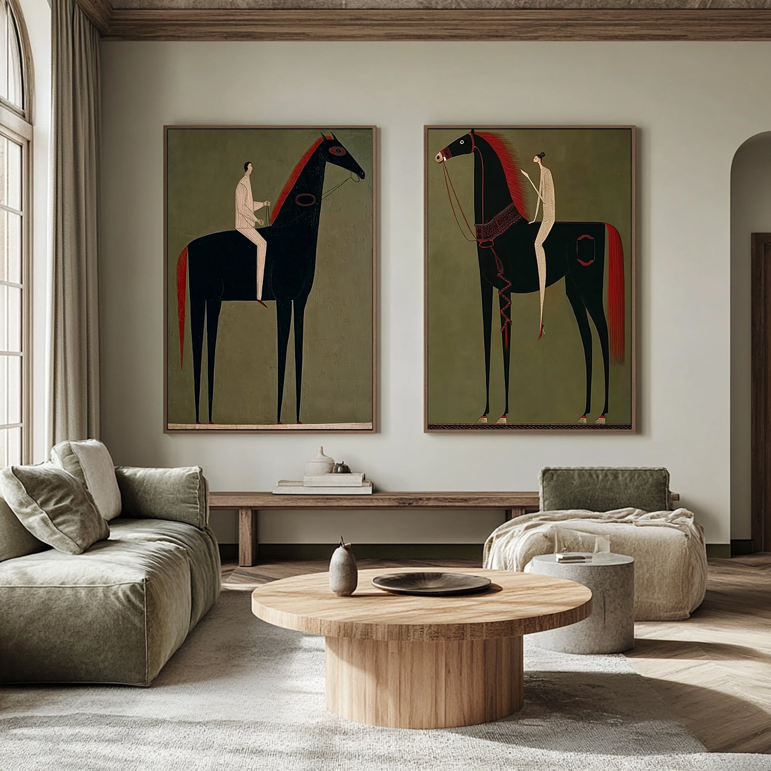 Set of 2 olive olive background Equestrian Art Decor olive green Horse and Man Painting