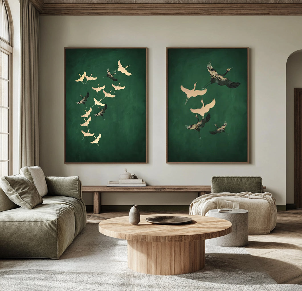 Set of 2 green art painting White crane painting, bird painting