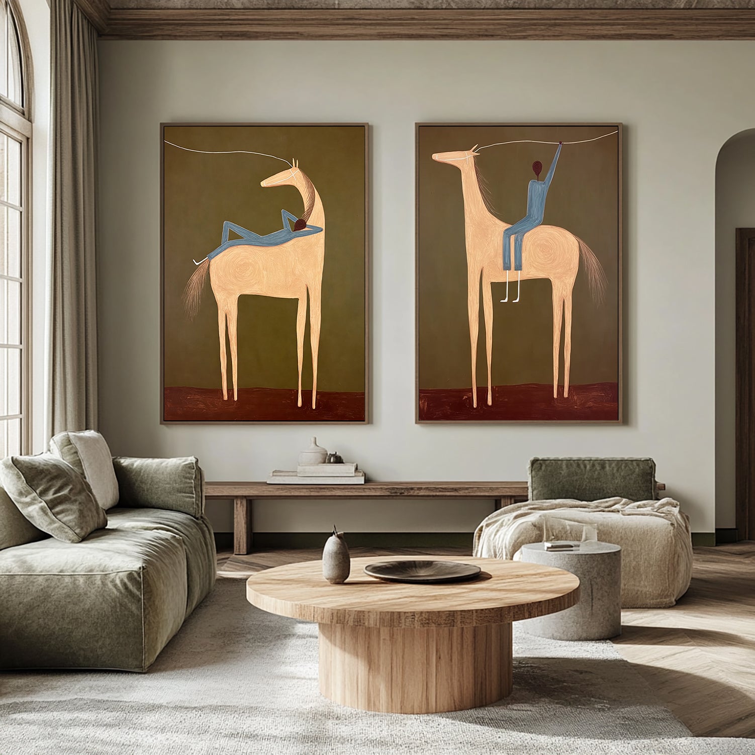 Set of 2 Equestrian Art Decor Earth Tone Minimalist Horse and Man Painting