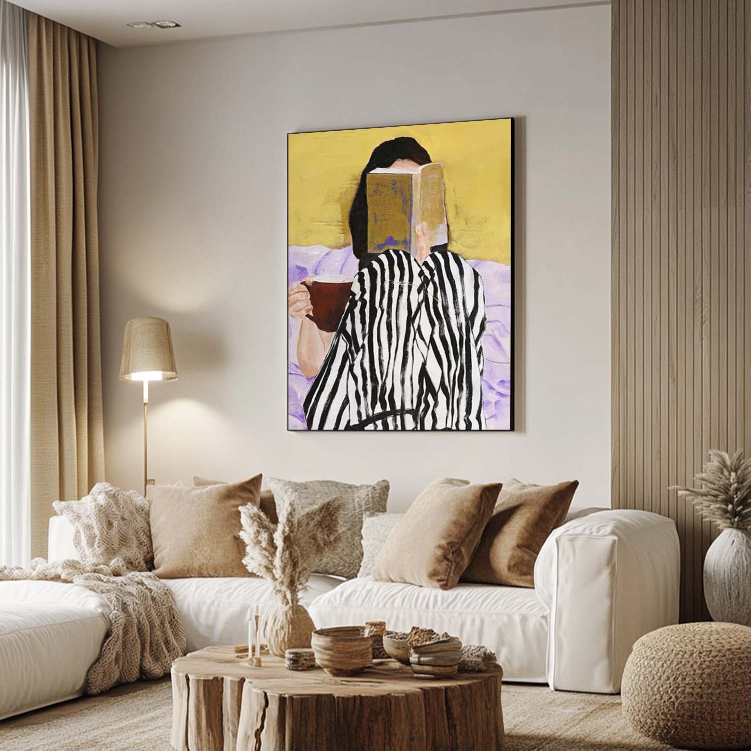 Modern Girl Reading Oil Painting, Black and White Striped Art, Yellow Wall Decor