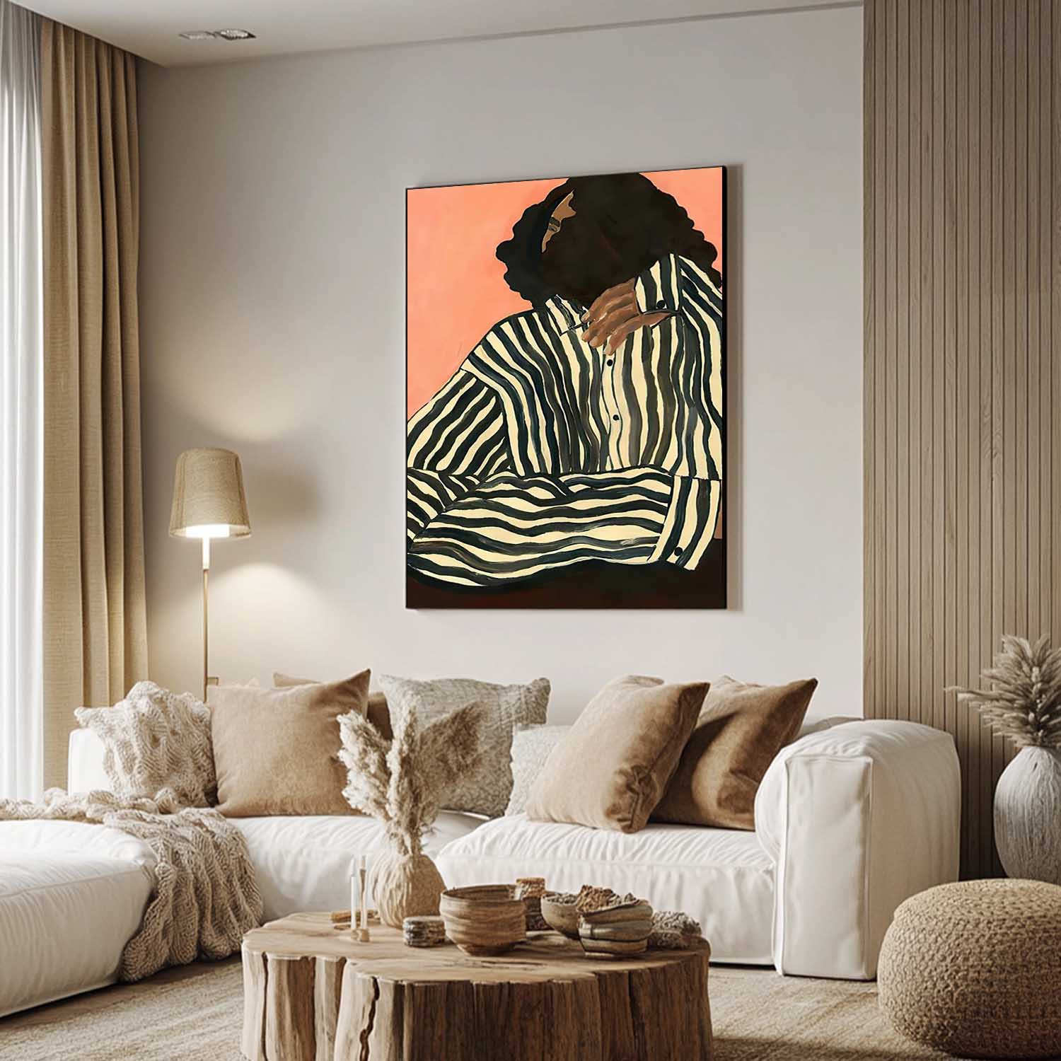 Chic Abstract Canvas Painting – Woman in Striped Shirt – Minimalist Modern Wall Art for Home