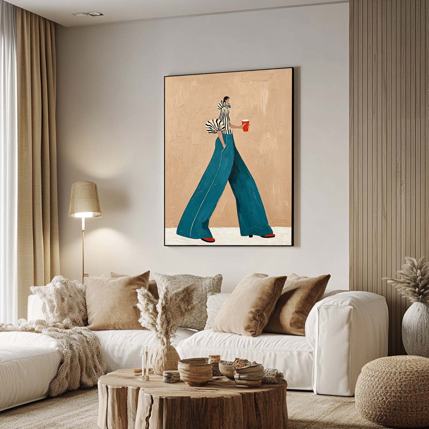 Modern Fashion Wall Art–Woman in Striped Top & Teal Pants Canvas Painting–Stylish Canvas Artwork