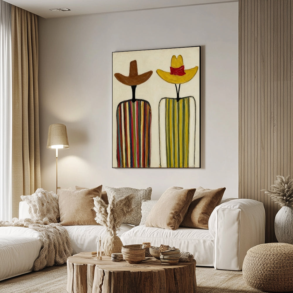 Modern Abstract Cowboy Oil Painting - Hand-Painted Minimalist Figures in Sombreros