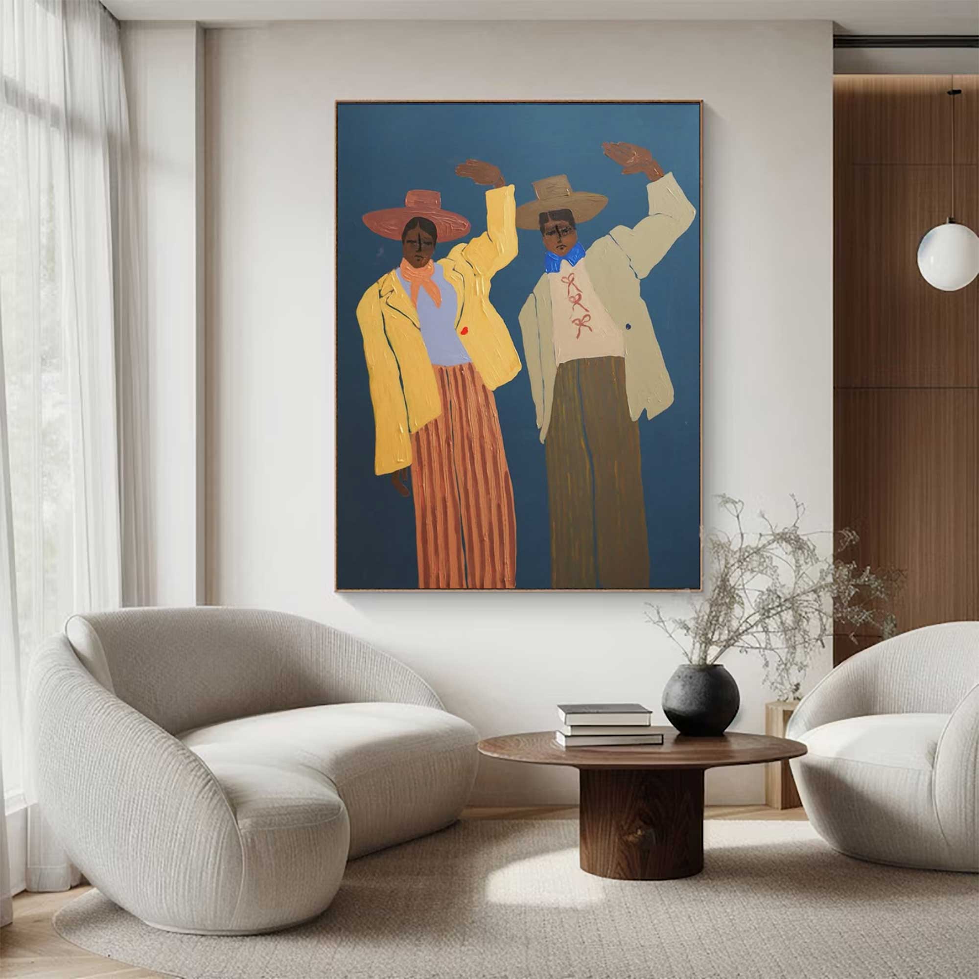 contemporary folk style male figure duo art Vintage Fashion Art Painting