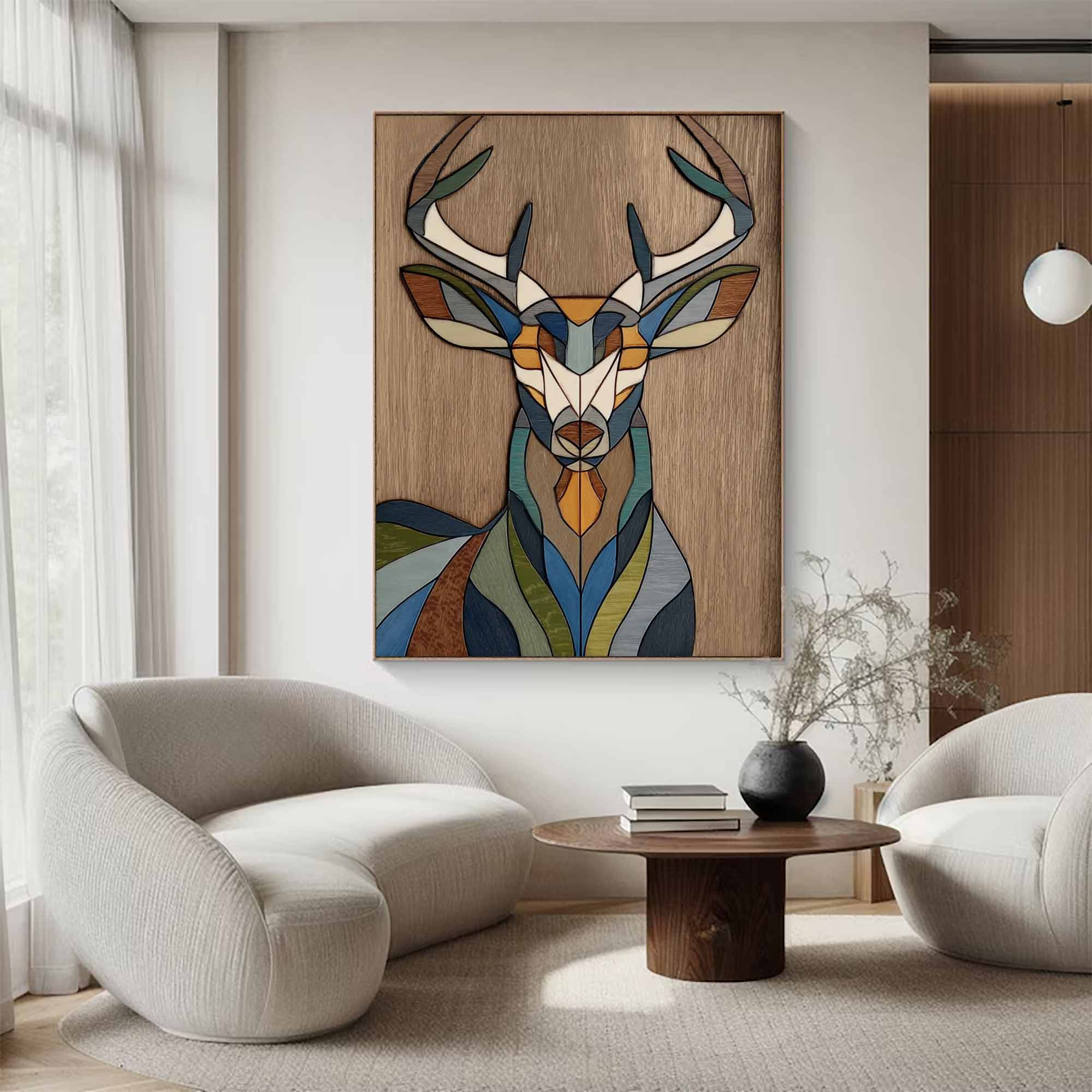 Geometric deer head wood wall art Stained wood style deer wall decor