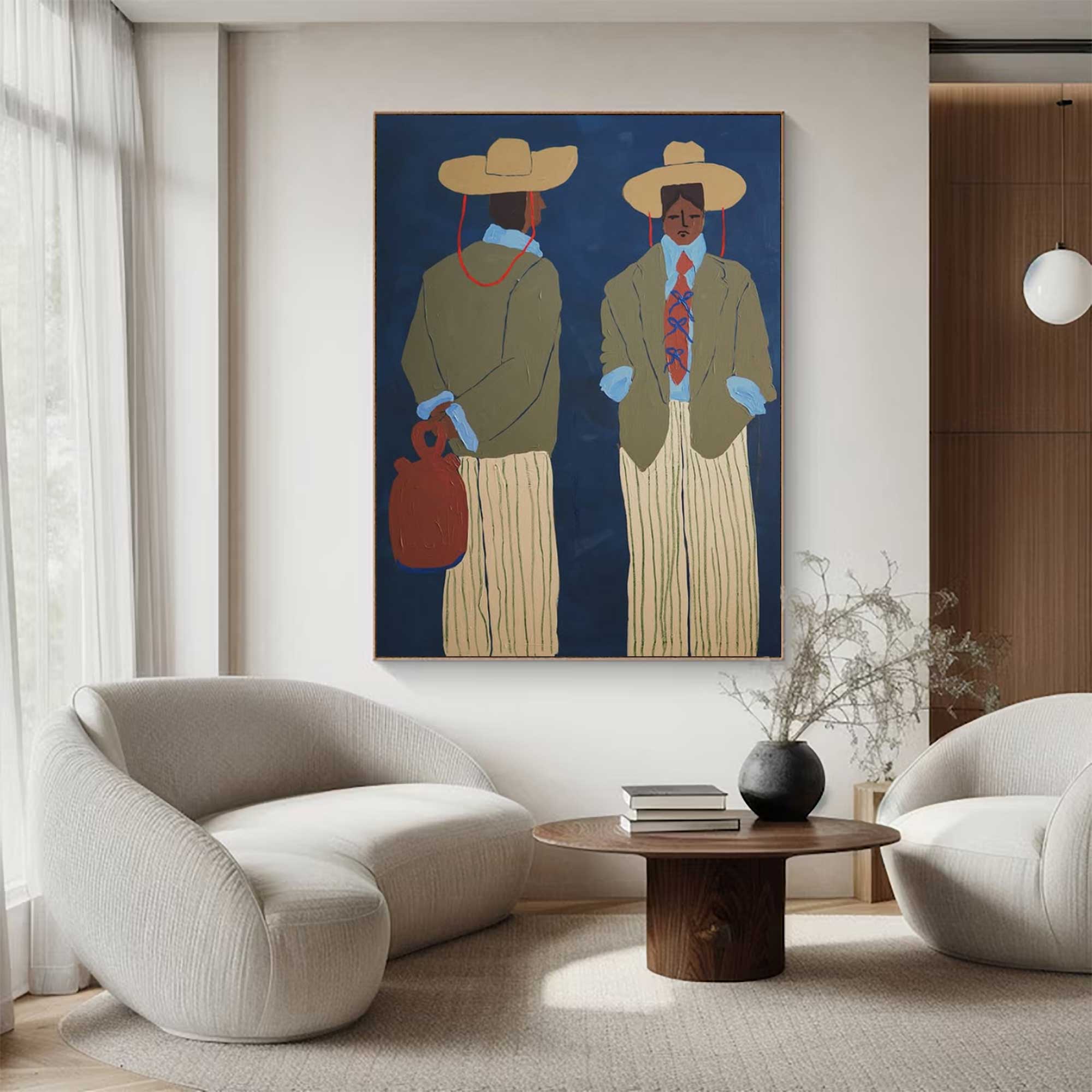 contemporary folk style male figure duo art Vintage Fashion Art Painting